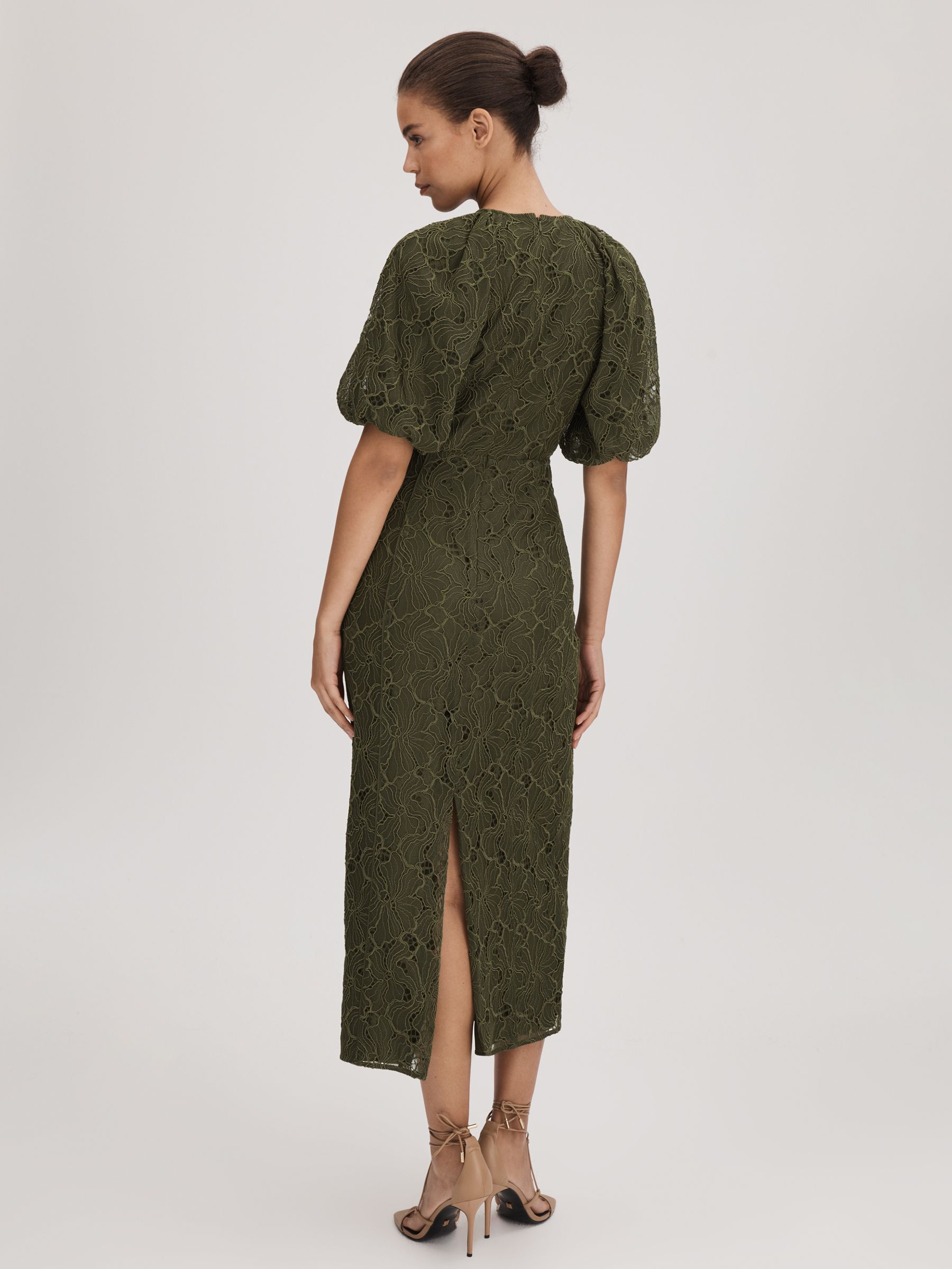 Florere Lace Puff Sleeve Midi Dress in Dark Khaki - Image 5 of 6