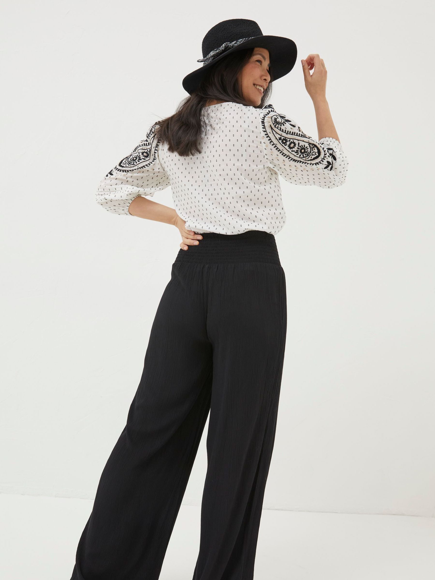 Black Shirred Wide Leg Palazzo Trousers - Image 2 of 6