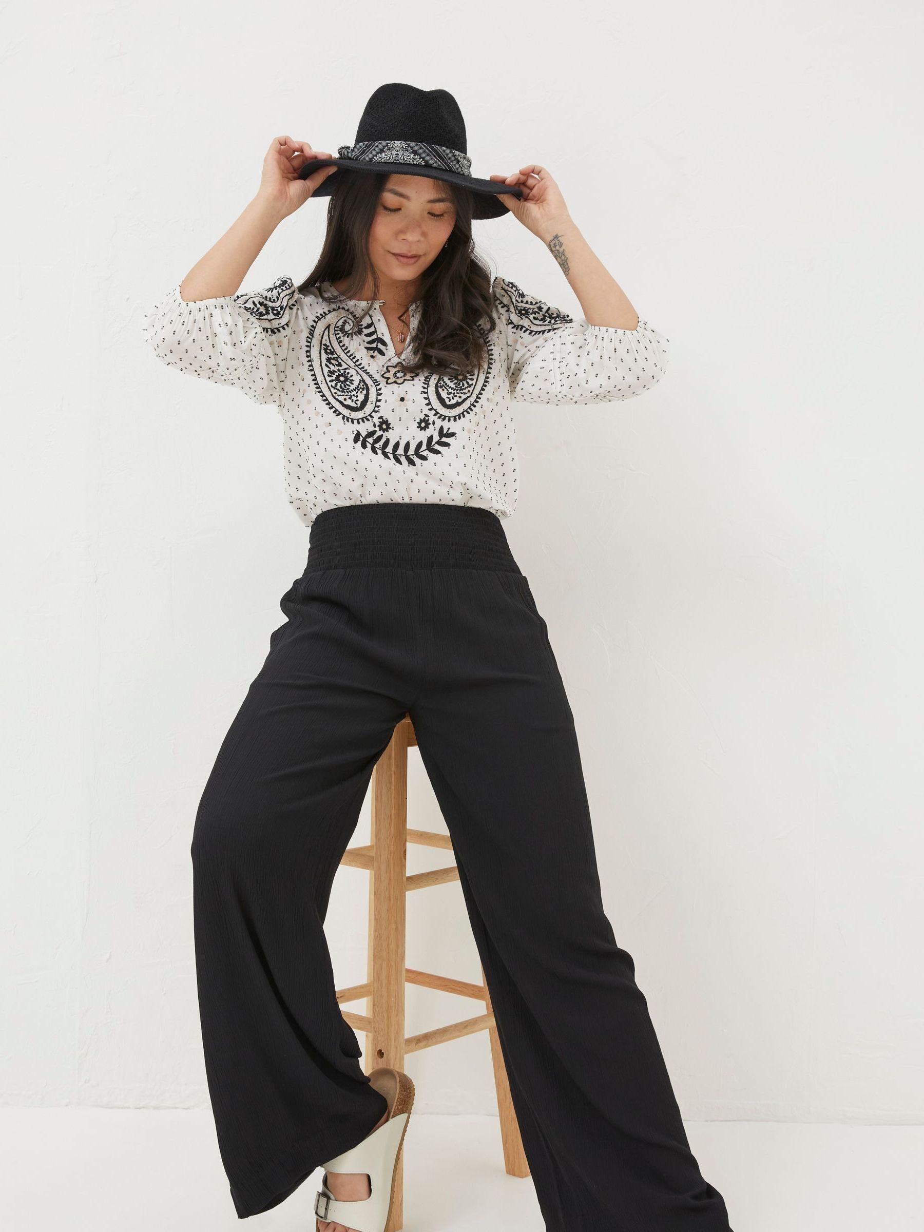 Black Shirred Wide Leg Palazzo Trousers - Image 3 of 6