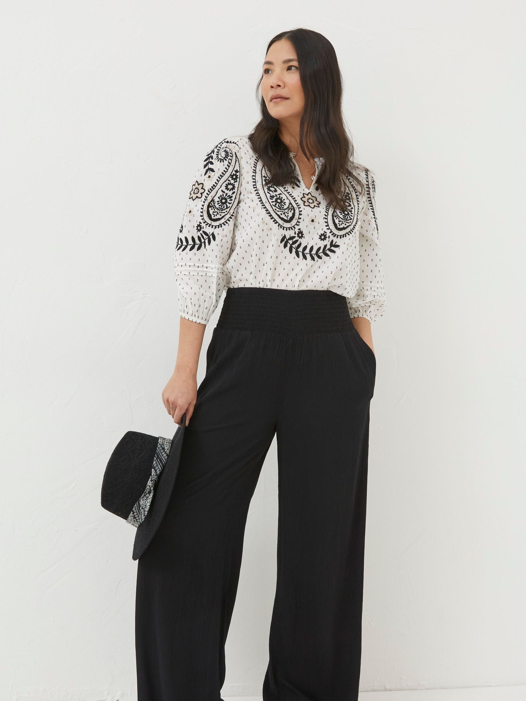 Black Shirred Wide Leg Palazzo Trousers - Image 4 of 6