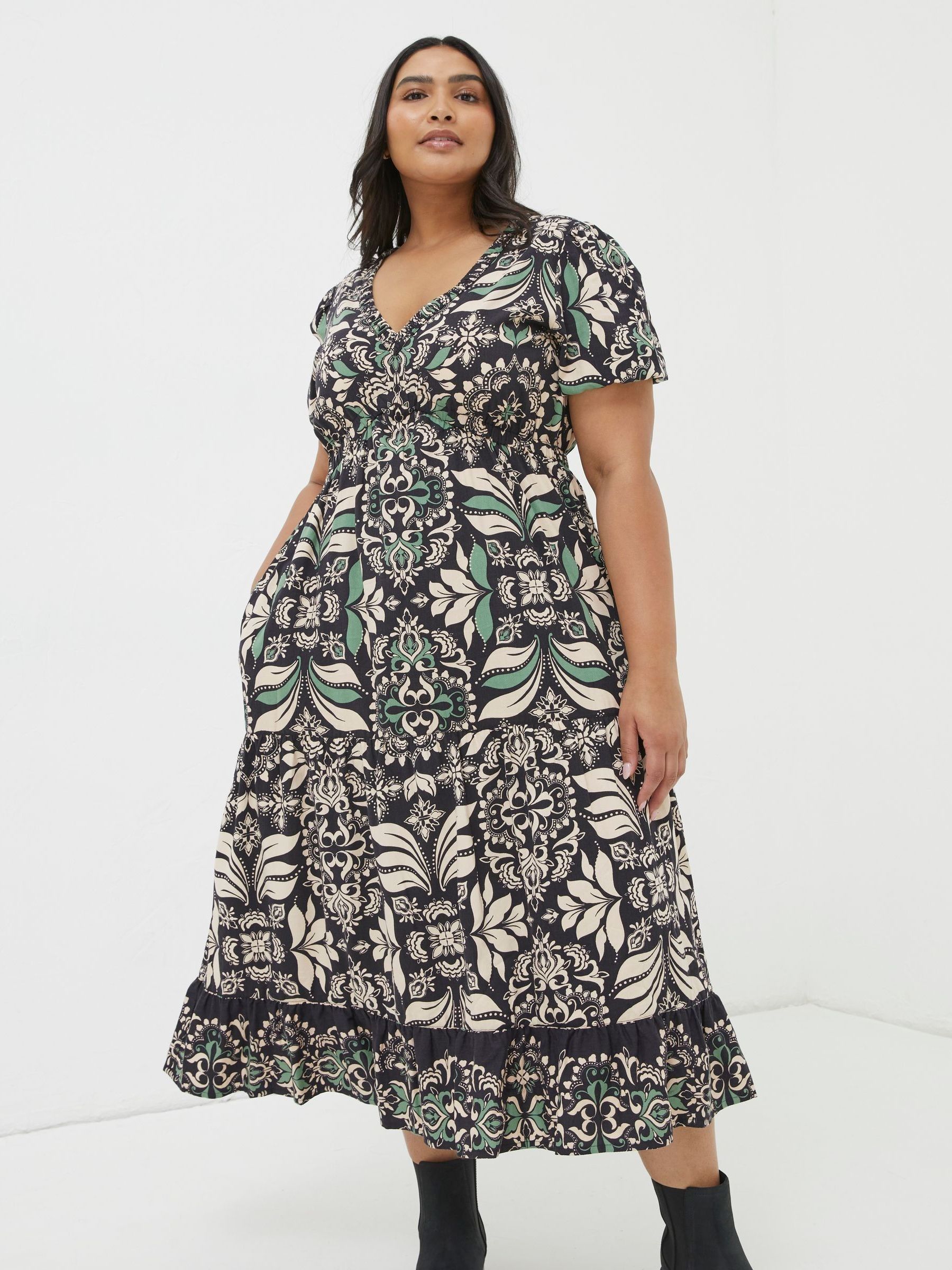 Black Priya Mosaic Leaf Midi Dress | FatFace
