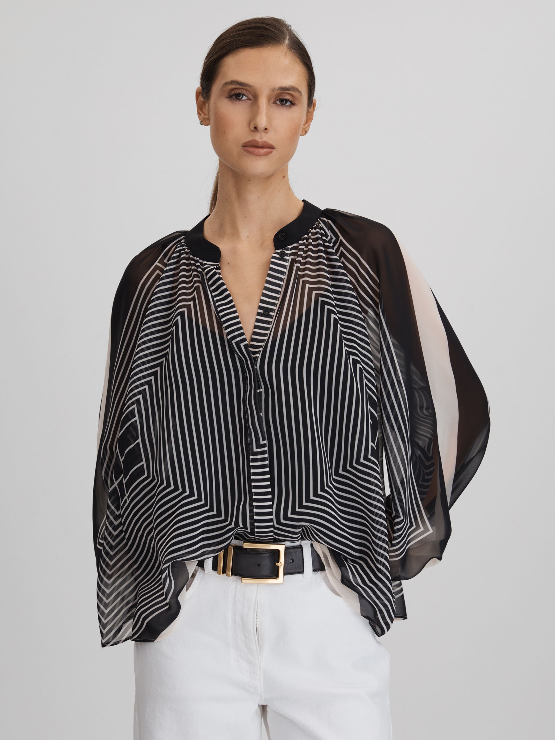 Printed Button-Through Blouse in Black/Cream - Image 1 of 6