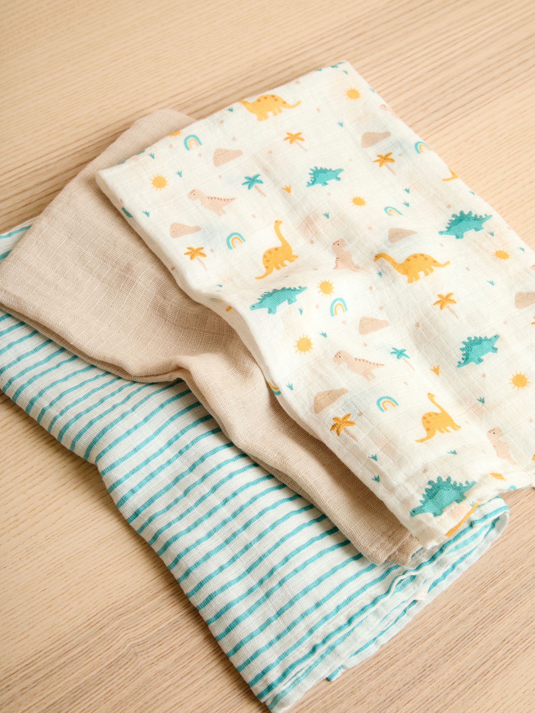 Cream Dino 3-Pack Muslin Squares - Image 1 of 4