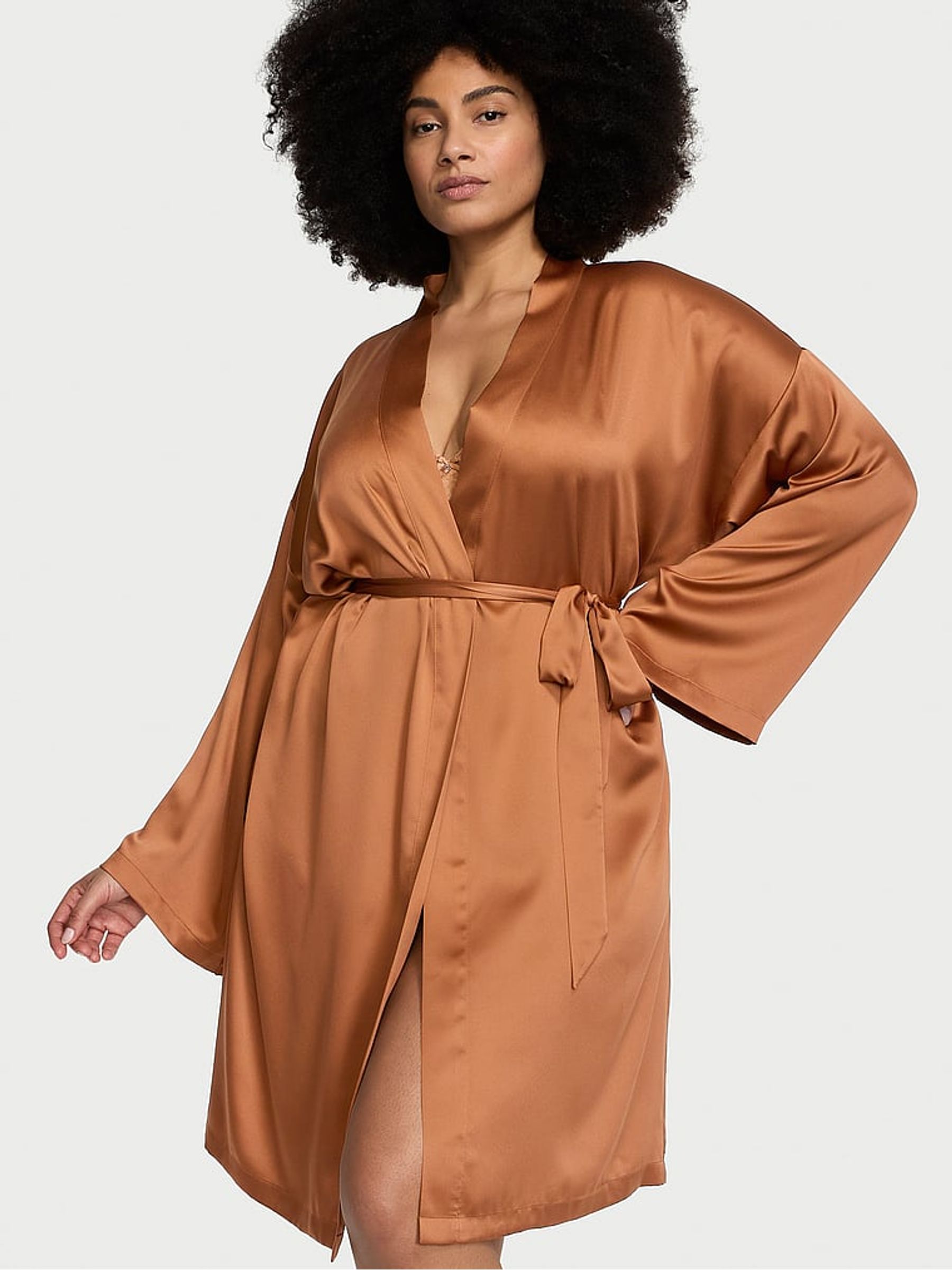 Caramel Brown Satin Midi Robe - Image 1 of 3