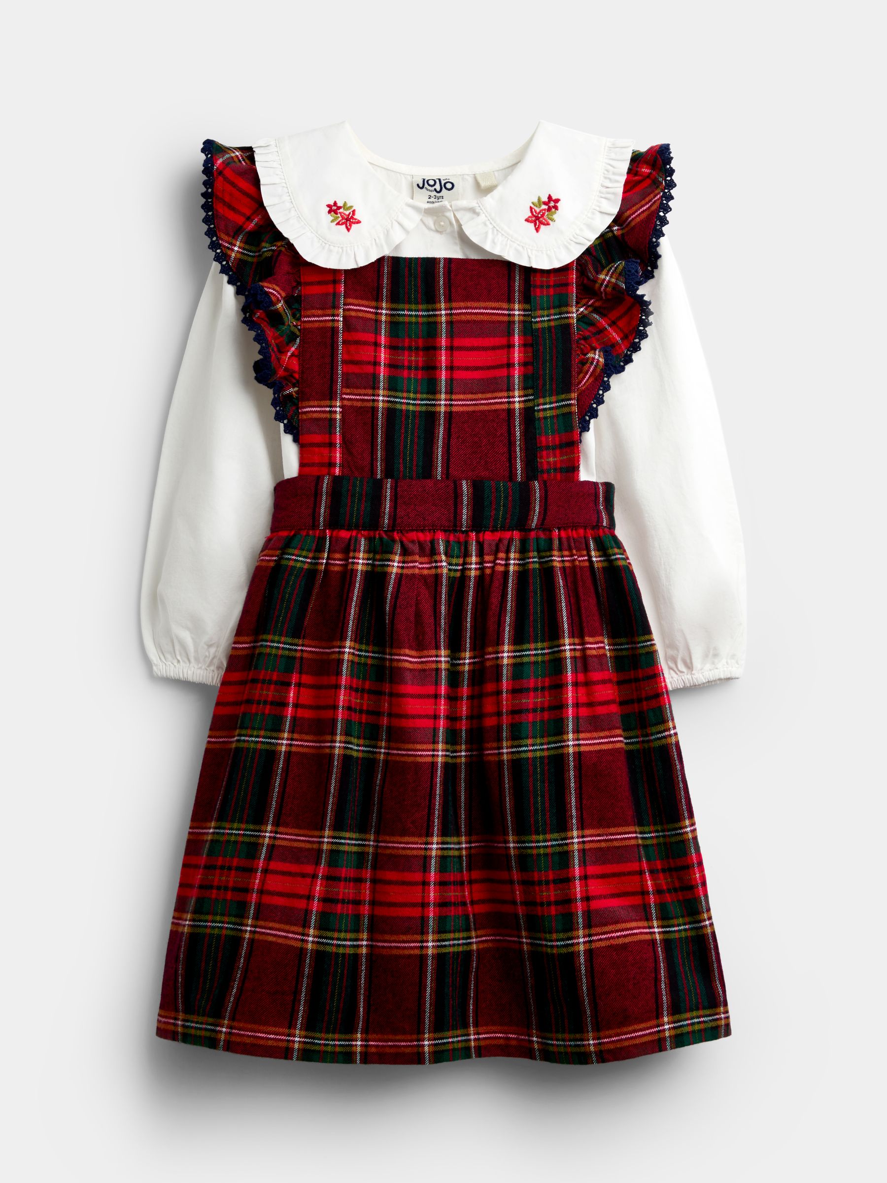 Burgundy Red Tartan Embroidered Pinny Dress & Blouse Set - Image 1 of 6