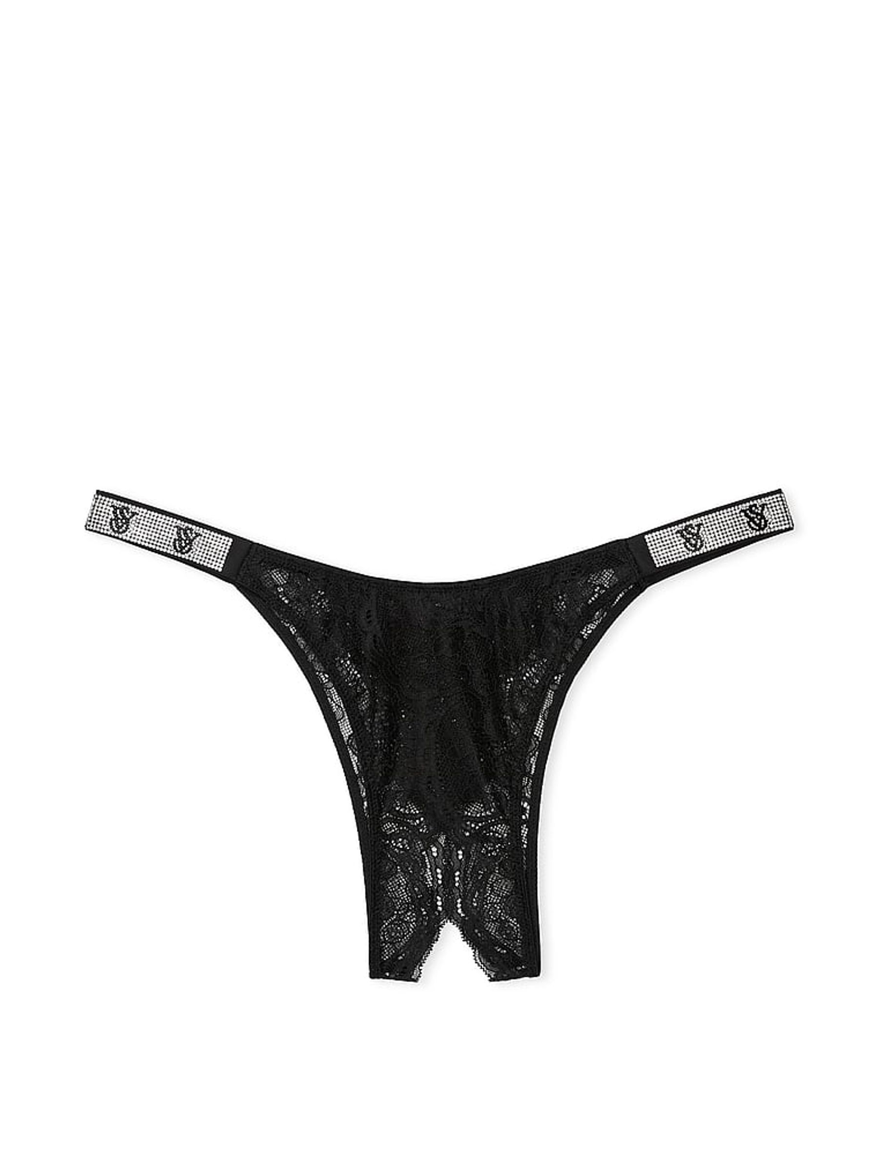 Black Lace Brazilian Shine Strap Crotchless Knickers - Image 1 of 1