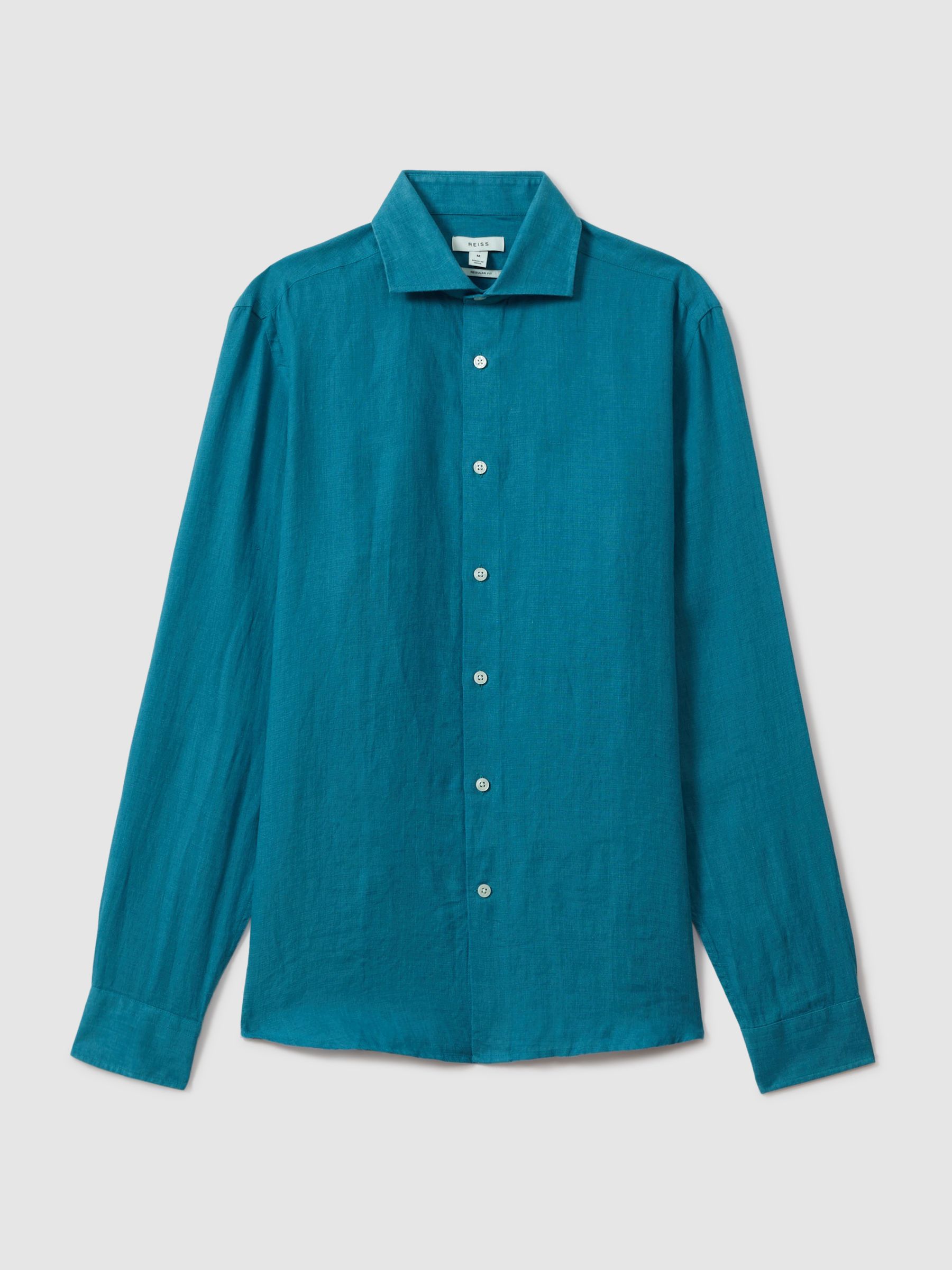 Linen Button-Through Shirt in Teal Blue - Image 1 of 6