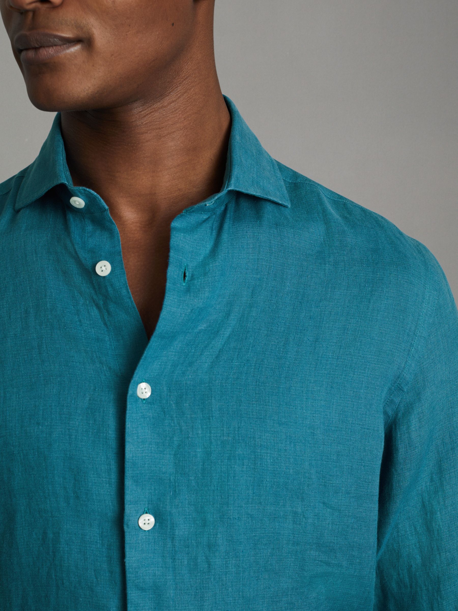 Linen Button-Through Shirt in Teal Blue - Image 3 of 6