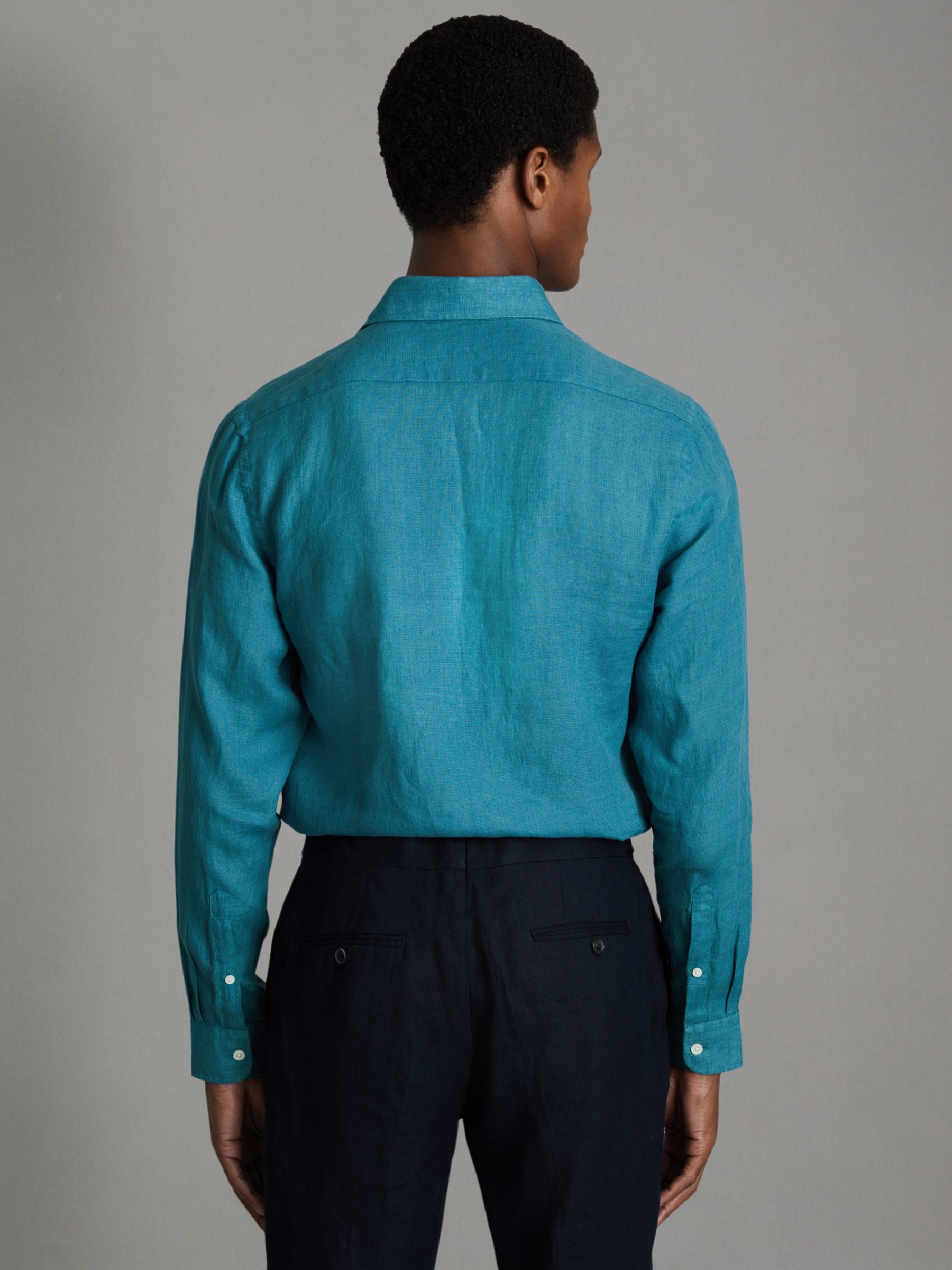 Linen Button-Through Shirt in Teal Blue - Image 4 of 6