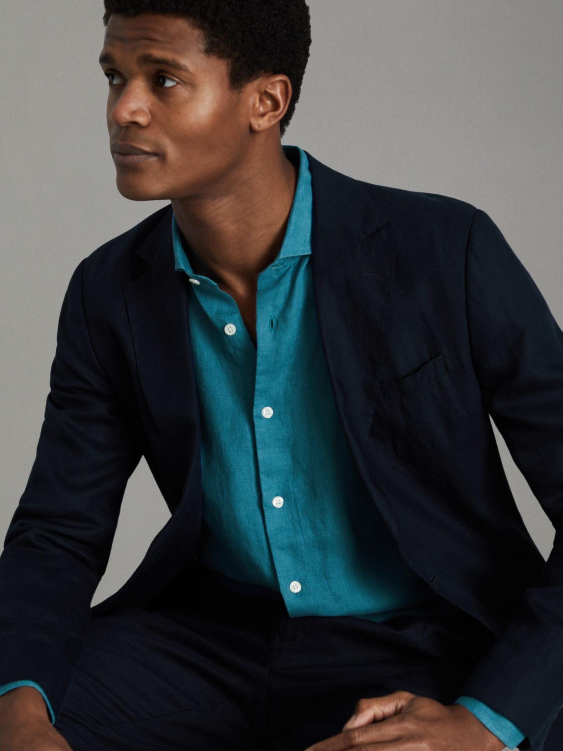 Linen Button-Through Shirt in Teal Blue - Image 6 of 6
