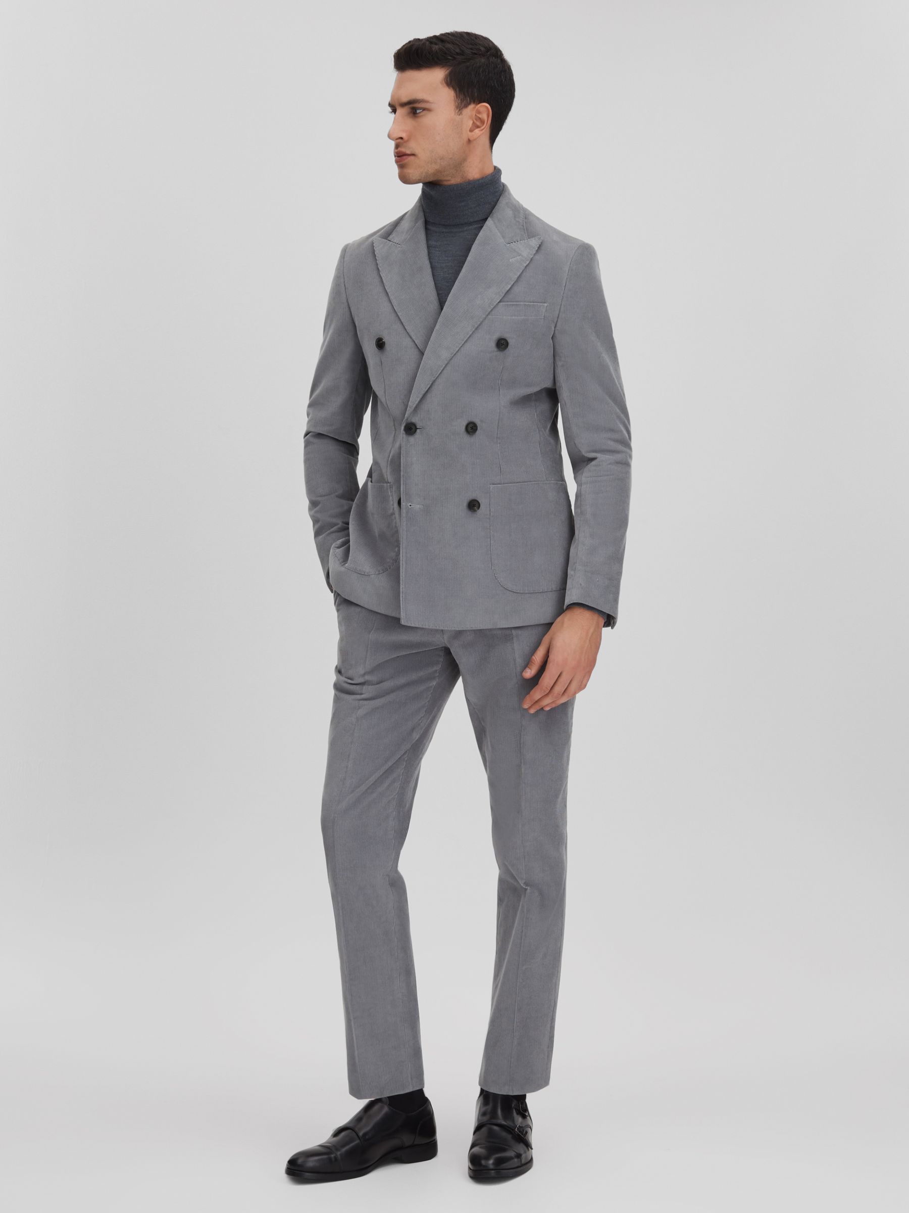 Slim Fit Corduroy Double Breasted Blazer in Ice Blue - Image 3 of 9