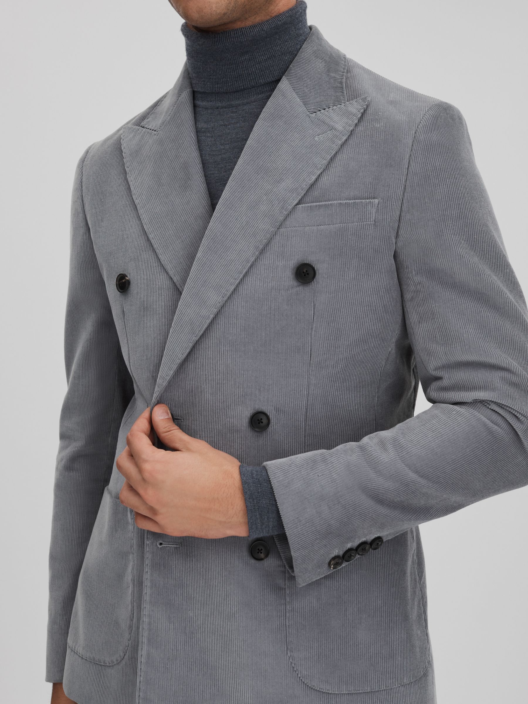 Slim Fit Corduroy Double Breasted Blazer in Ice Blue - Image 4 of 9