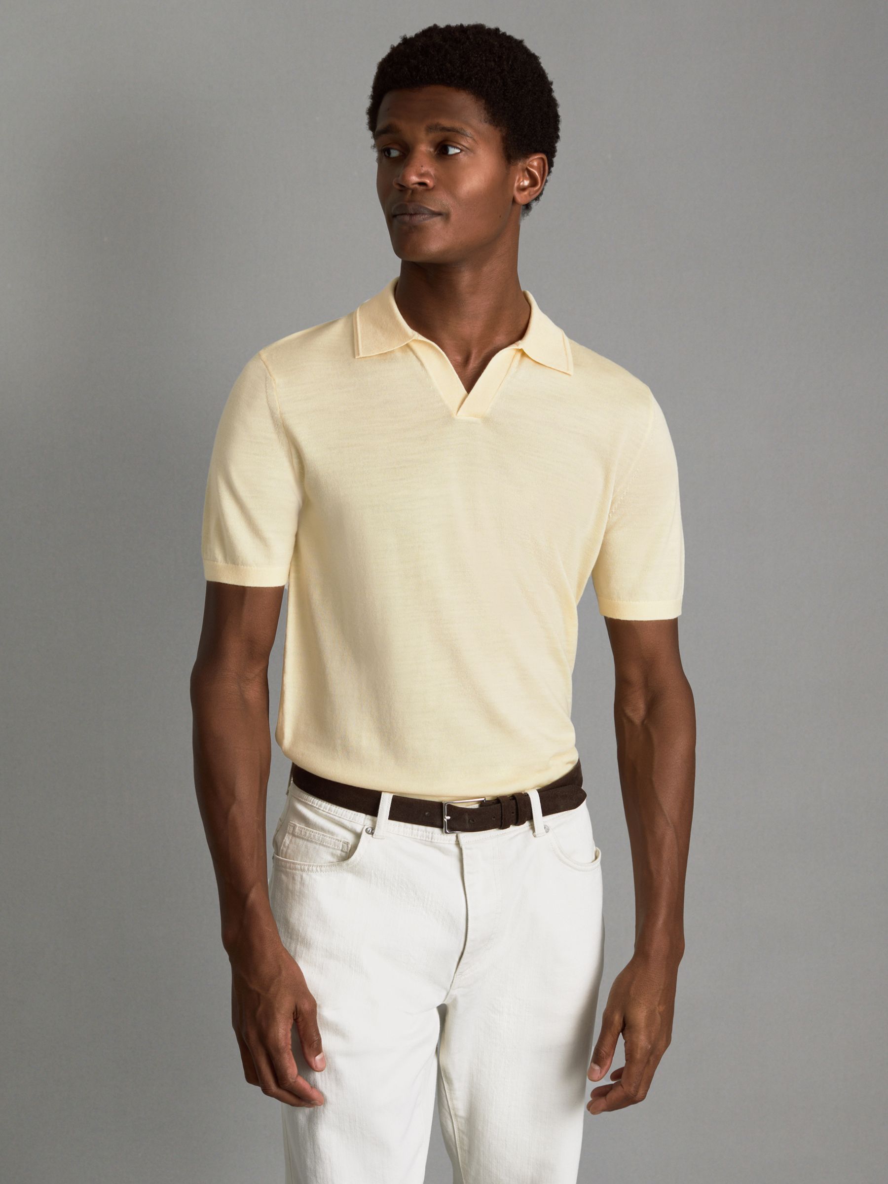 Merino Wool Open Collar Polo Shirt in Buttermilk Yellow - Image 1 of 6