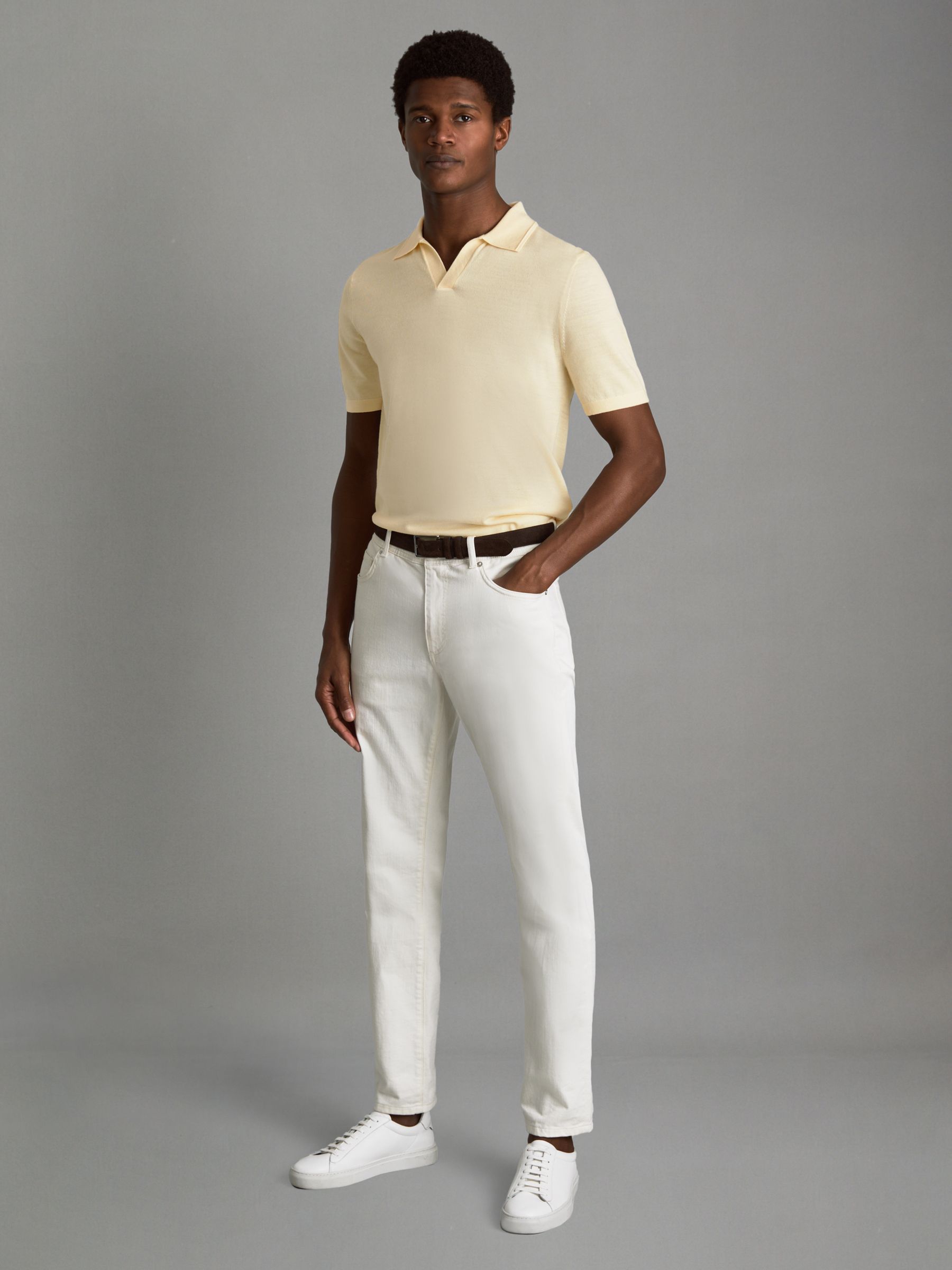 Merino Wool Open Collar Polo Shirt in Buttermilk Yellow - Image 3 of 6
