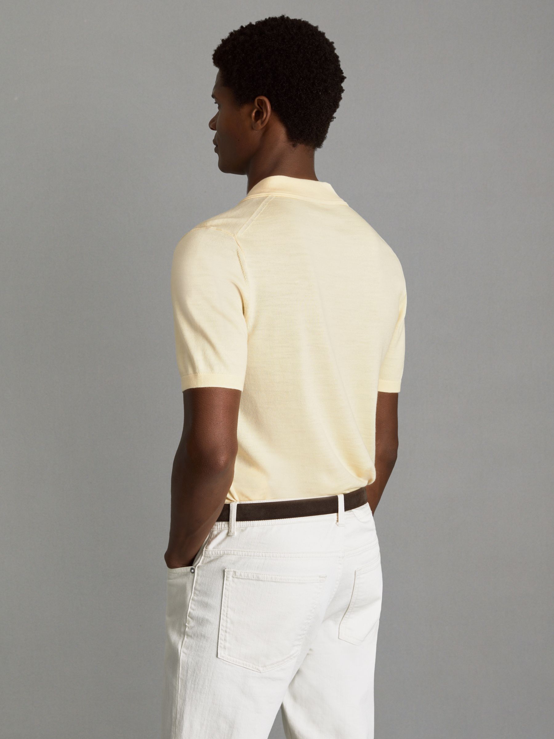 Merino Wool Open Collar Polo Shirt in Buttermilk Yellow - Image 5 of 6