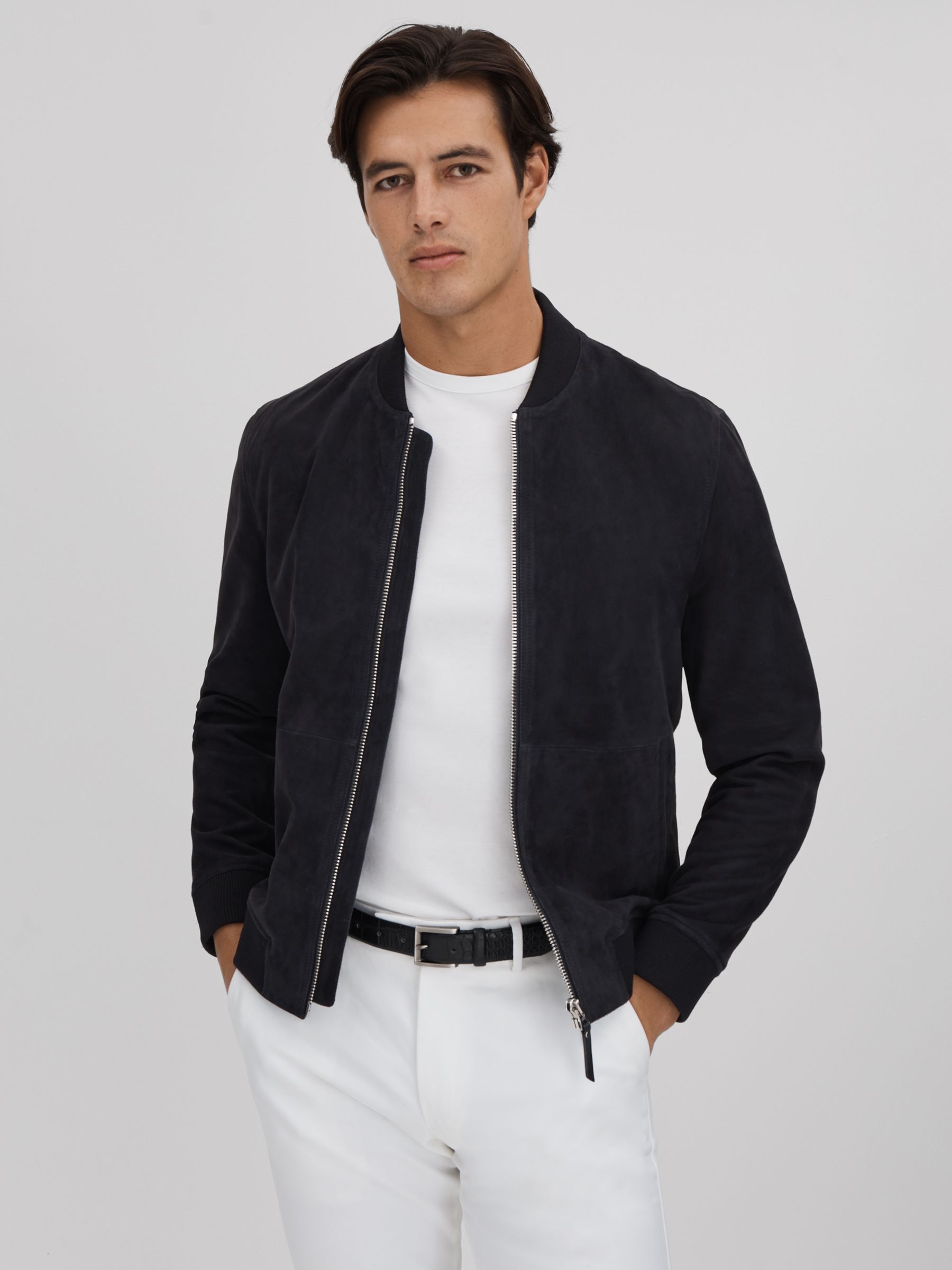 Reiss Suede Zip-Through Bomber Jacket in Navy REISS