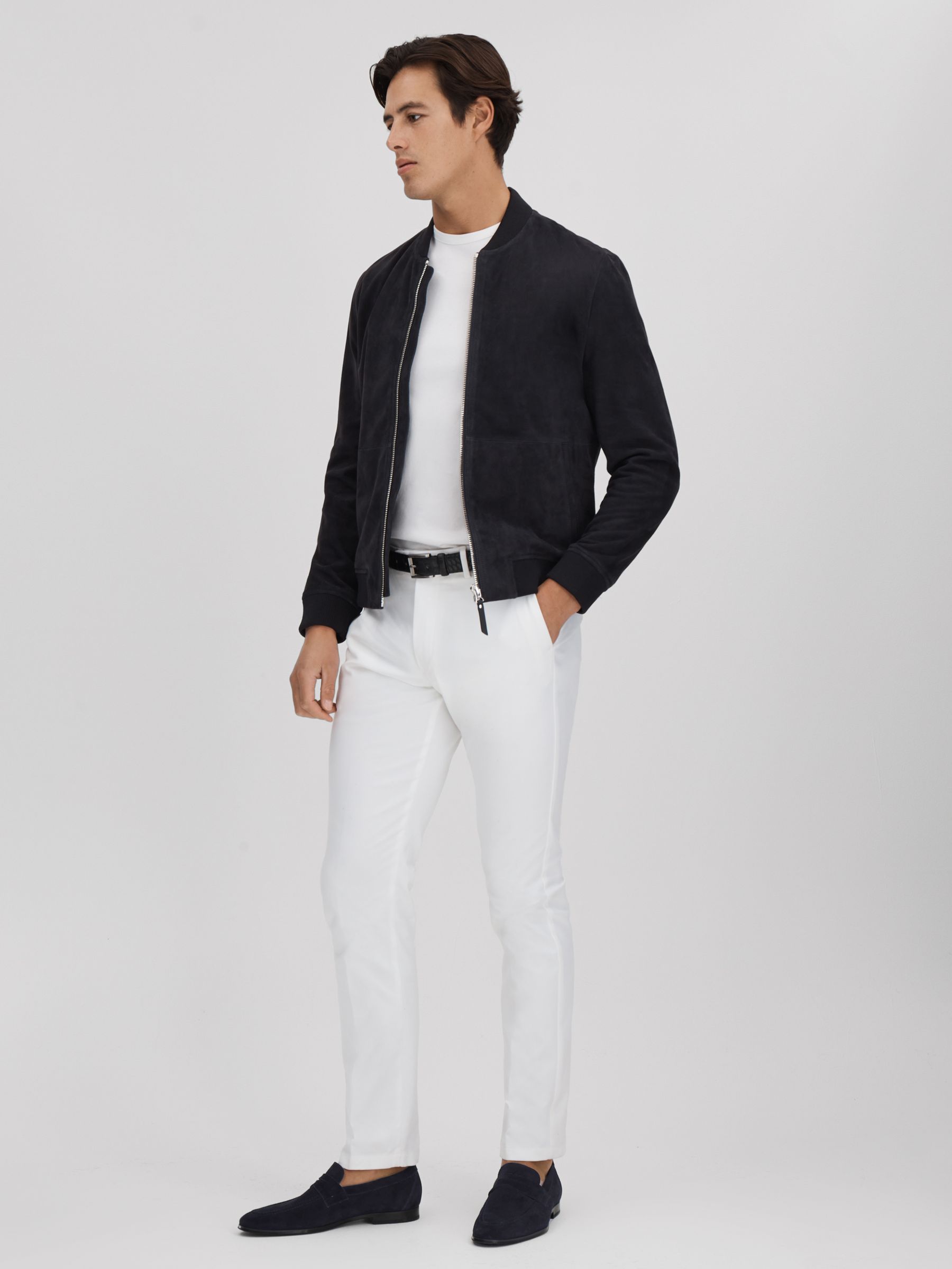 Suede Zip-Through Bomber Jacket in Navy - Image 3 of 6