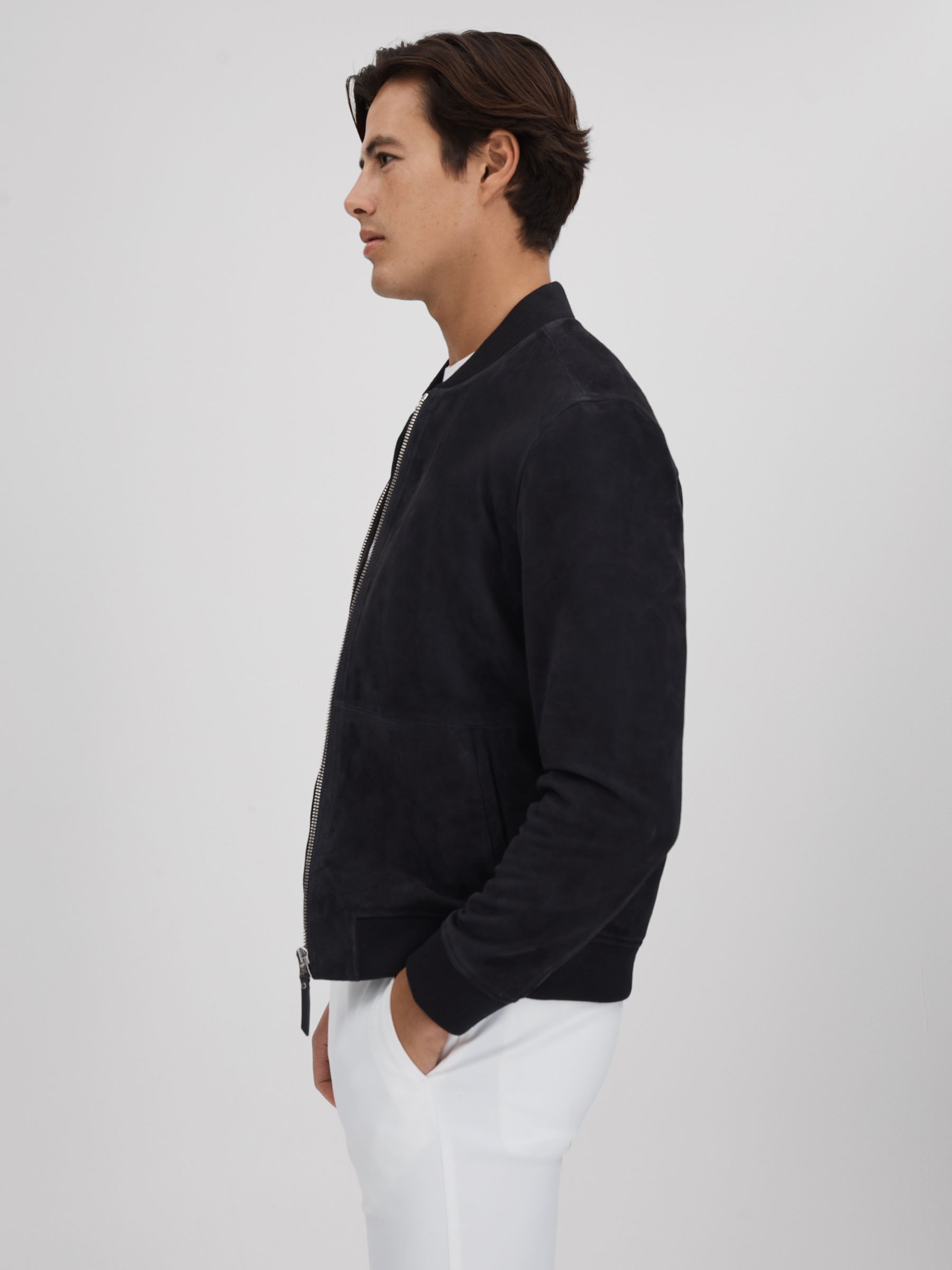 Suede Zip-Through Bomber Jacket in Navy - Image 4 of 6