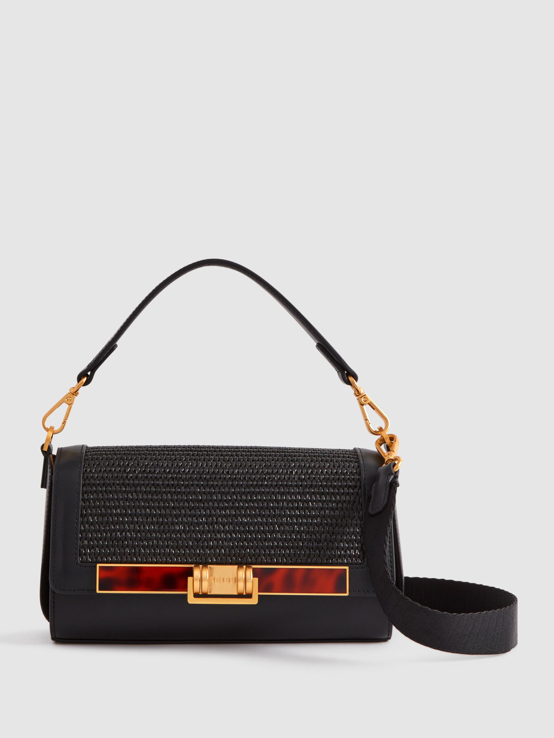 Leather Raffia Baguette Bag in Black - Image 1 of 6