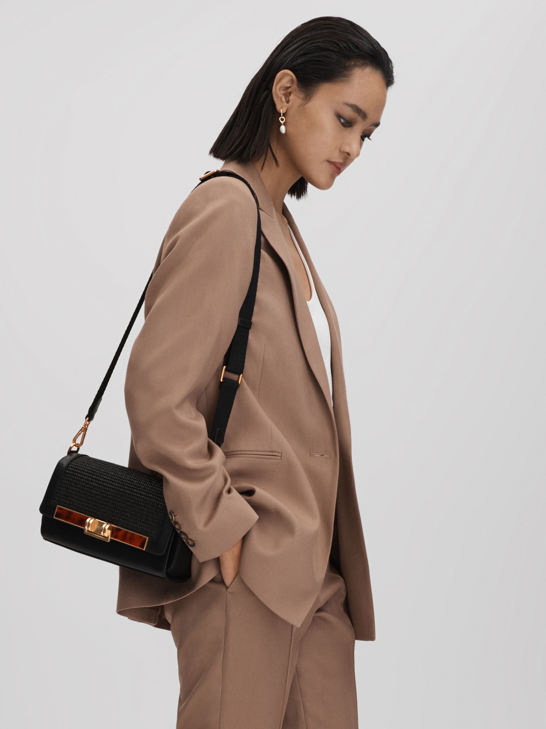 Leather Raffia Baguette Bag in Black - Image 2 of 6 Leather Raffia Baguette Bag in Black - Image 2 of 6