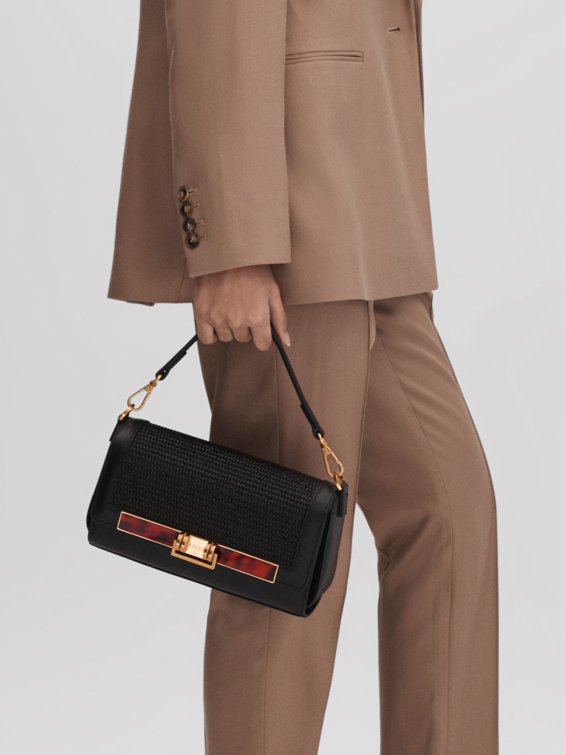 Leather Raffia Baguette Bag in Black - Image 3 of 6