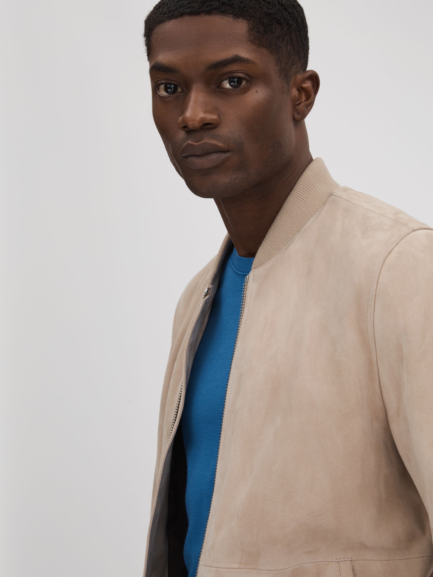 Suede Zip-Through Bomber Jacket in Stone - Image 4 of 7