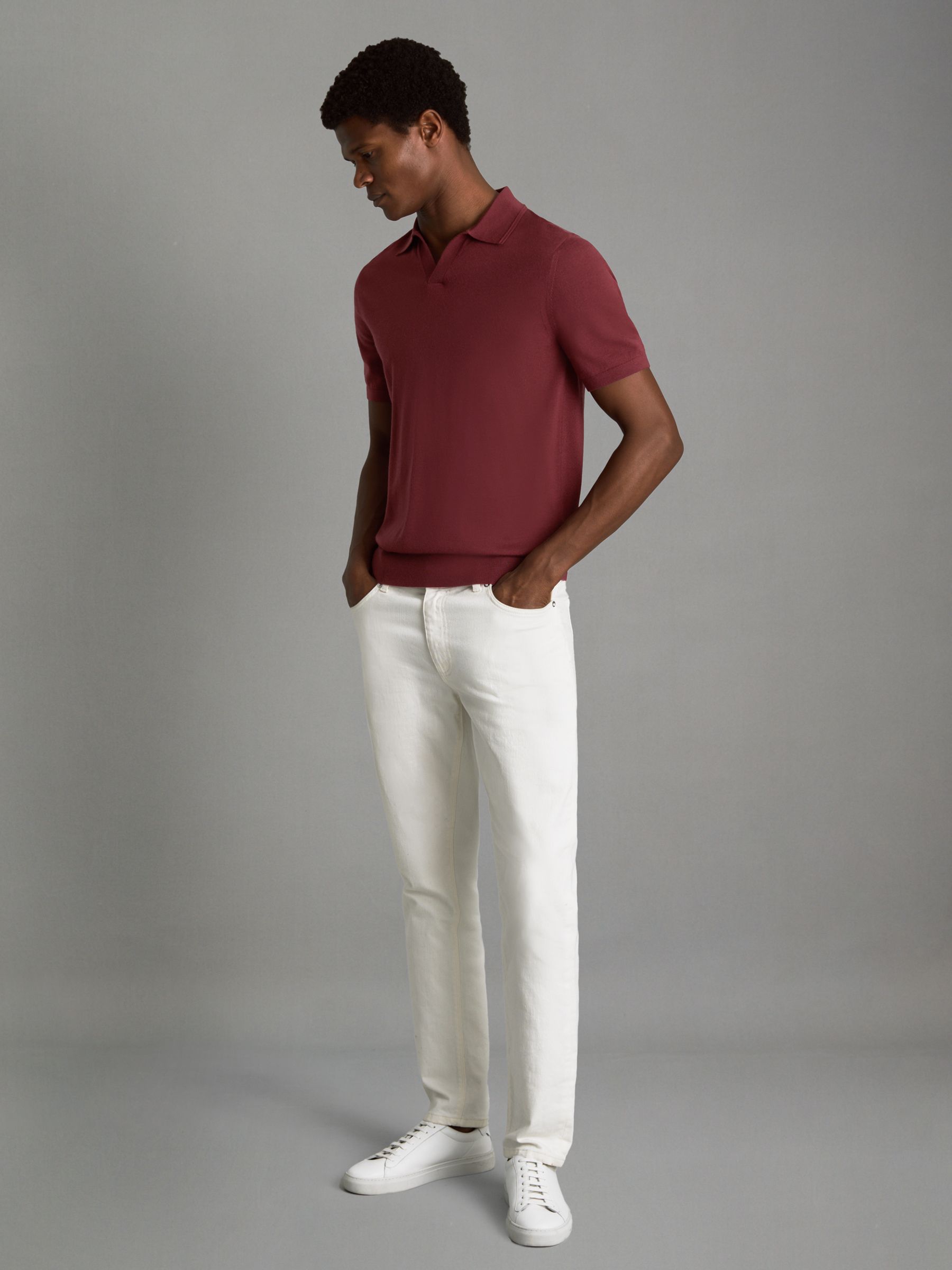 Merino Wool Open Collar Polo Shirt in Brick Red - Image 1 of 6