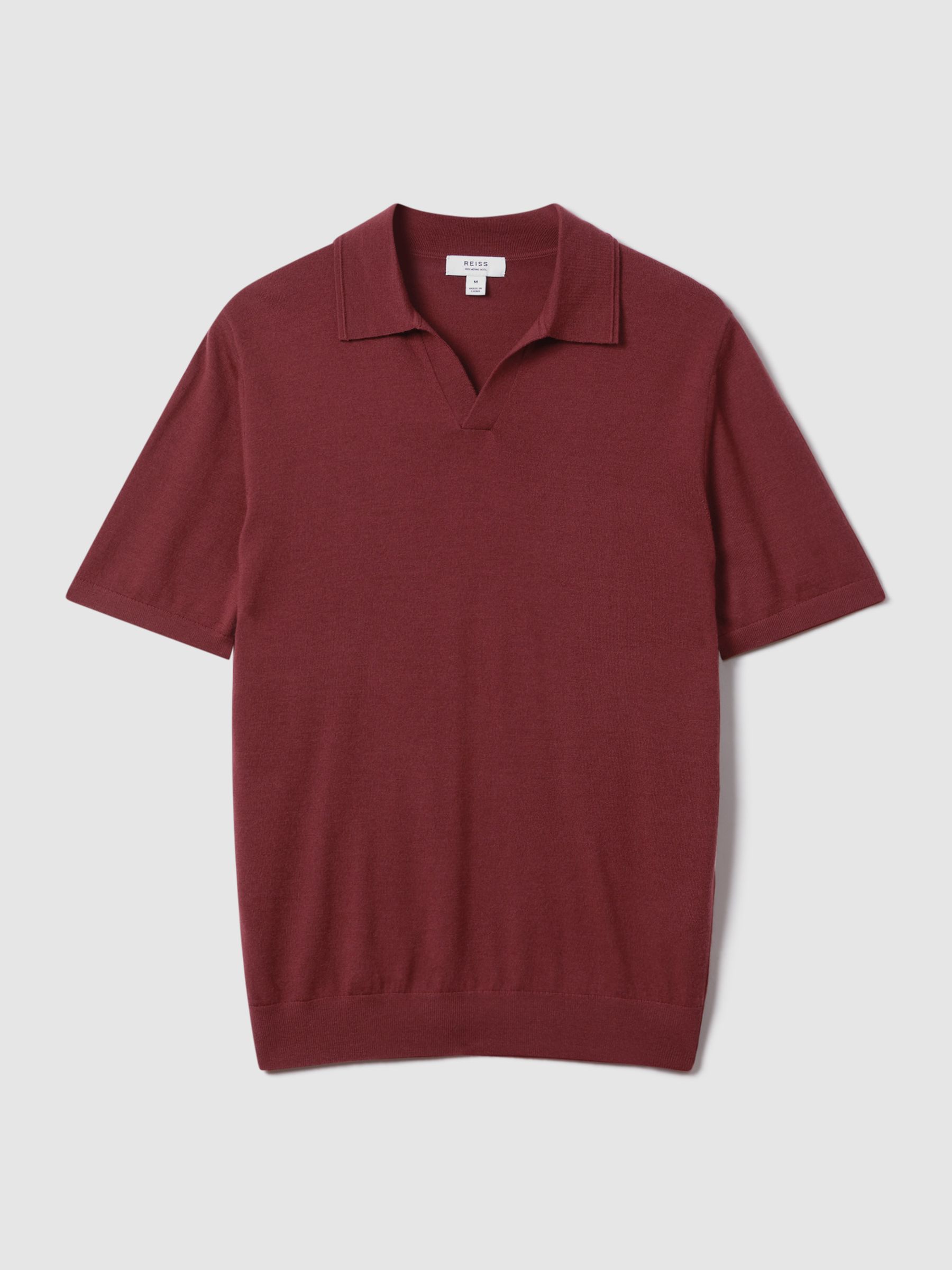 Merino Wool Open Collar Polo Shirt in Brick Red - Image 2 of 6