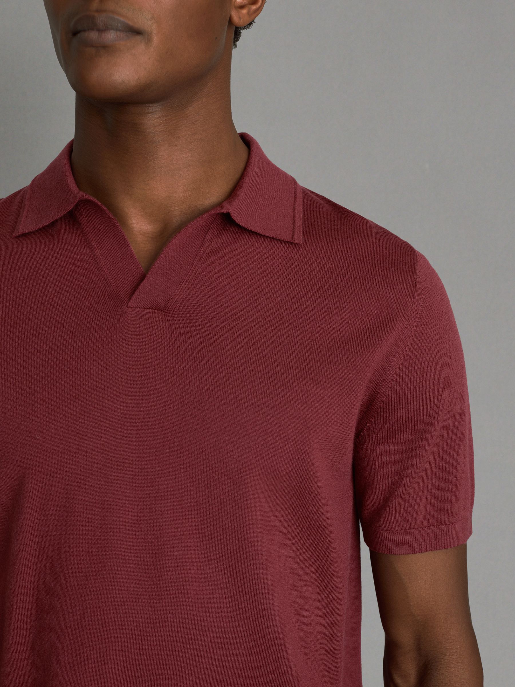 Merino Wool Open Collar Polo Shirt in Brick Red - Image 4 of 6