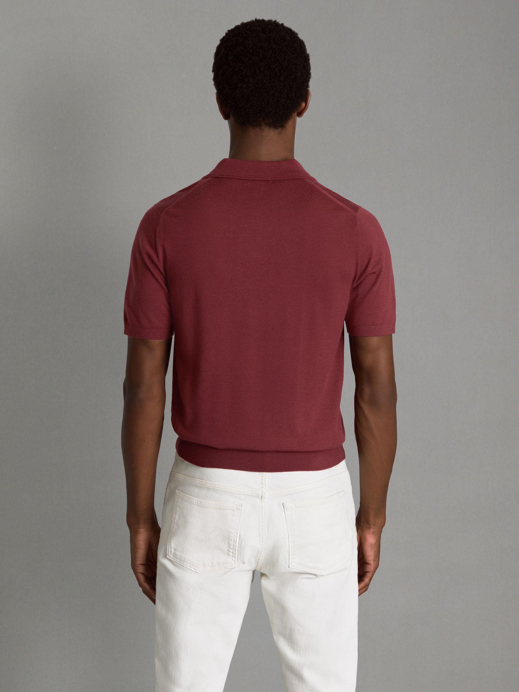 Merino Wool Open Collar Polo Shirt in Brick Red - Image 5 of 6