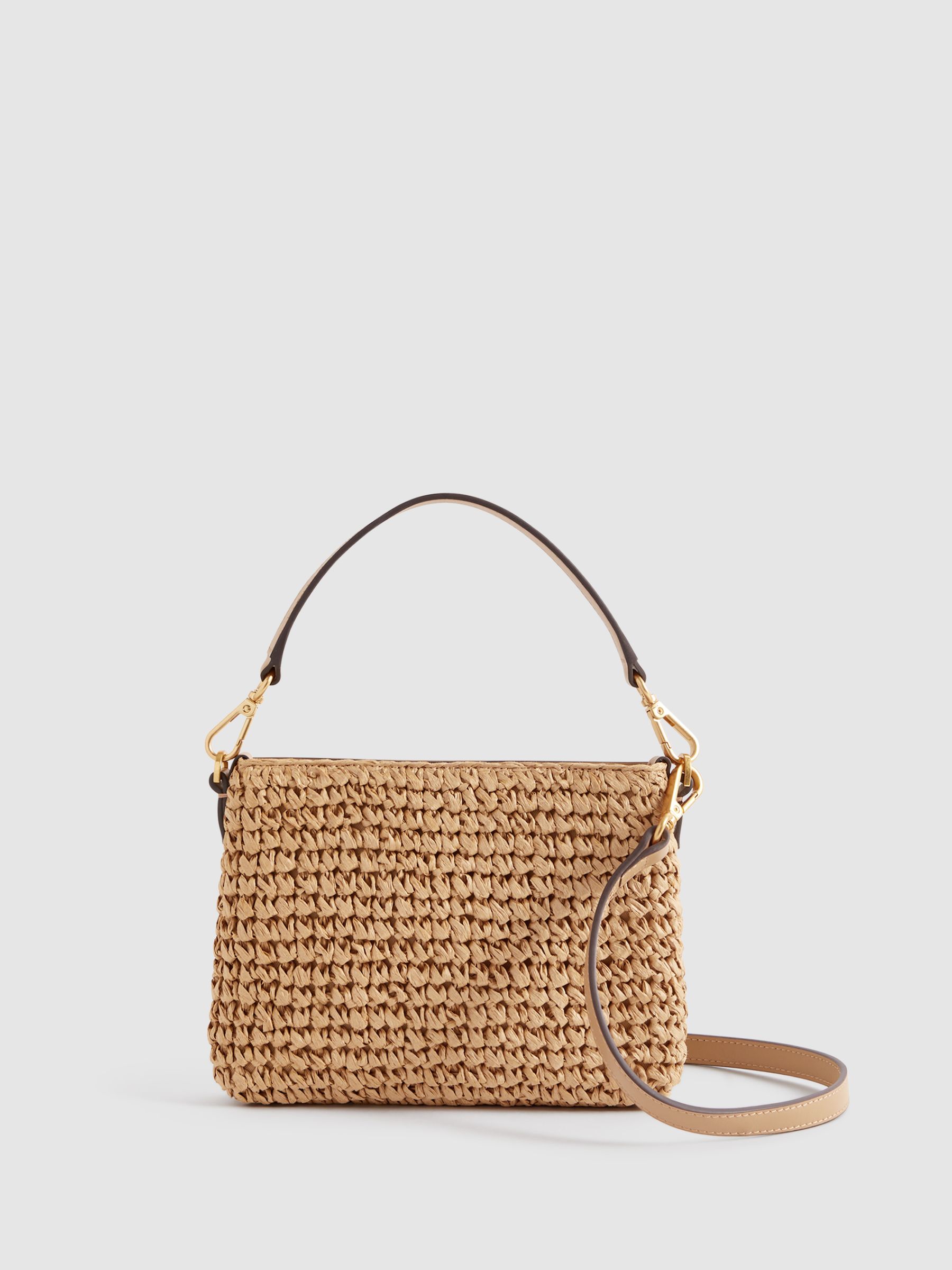 Leather Raffia Pouch Bag in Tan - Image 1 of 6