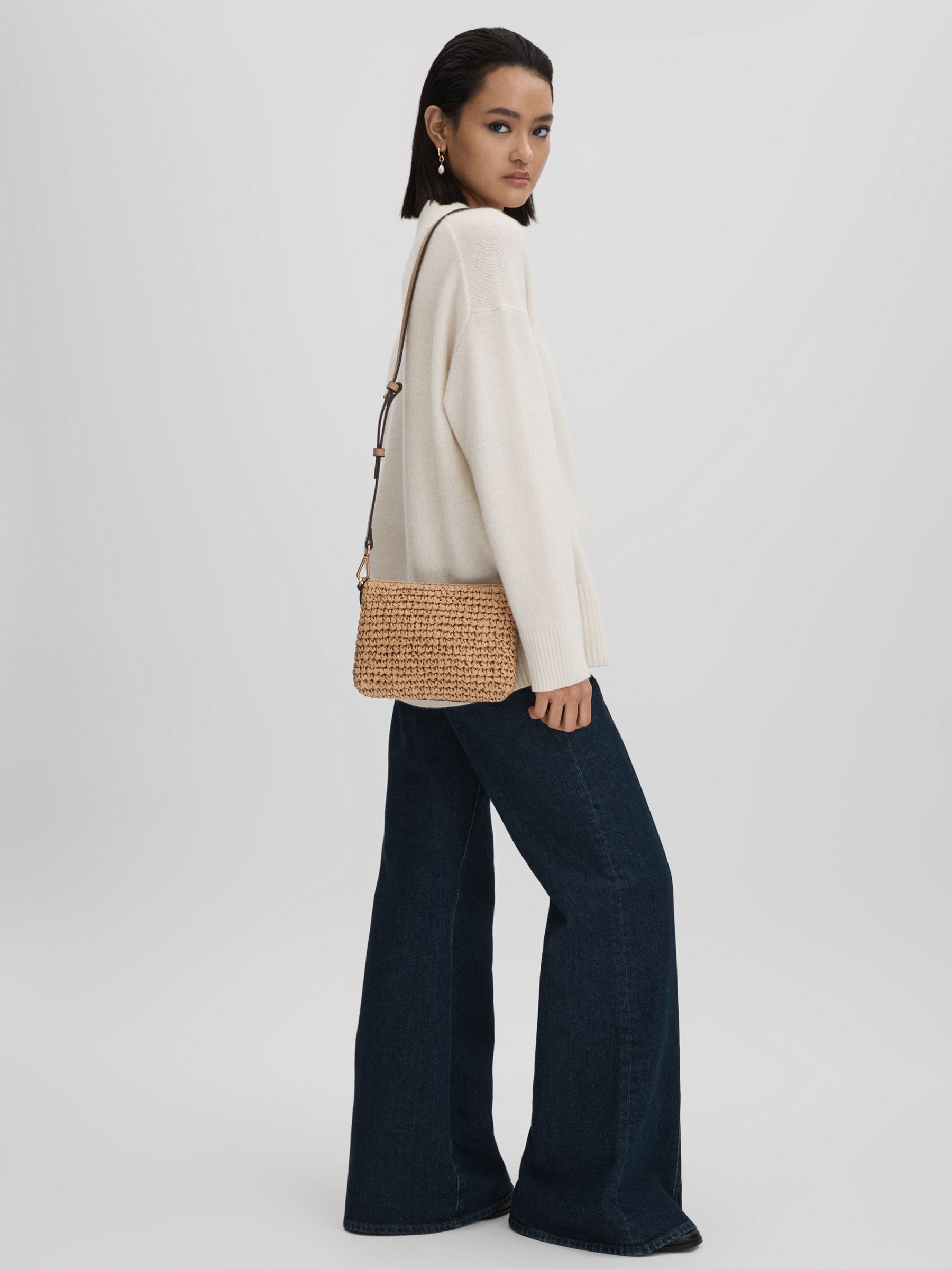 Leather Raffia Pouch Bag in Tan - Image 2 of 6