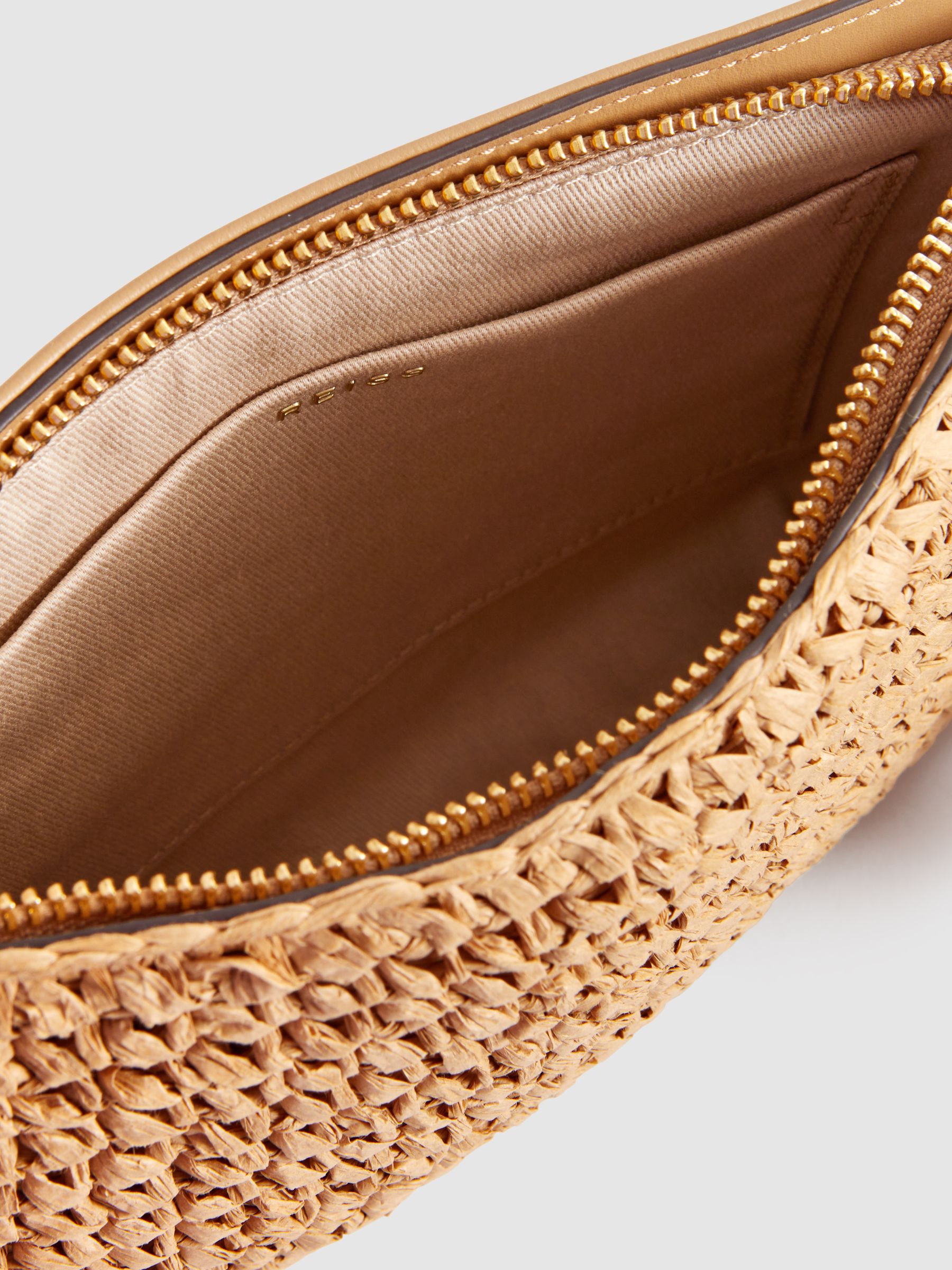 Leather Raffia Pouch Bag in Tan - Image 4 of 6