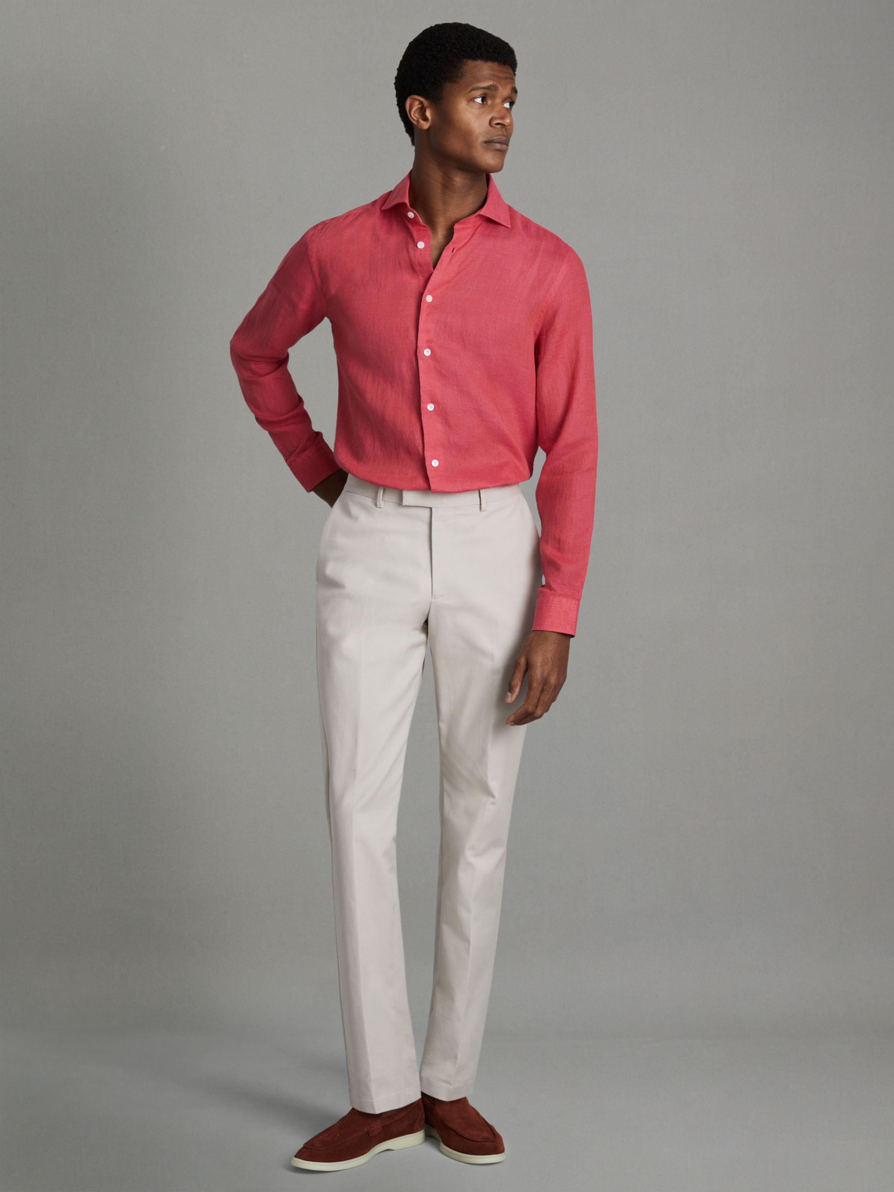 Linen Button-Through Shirt in Coral - Image 1 of 6