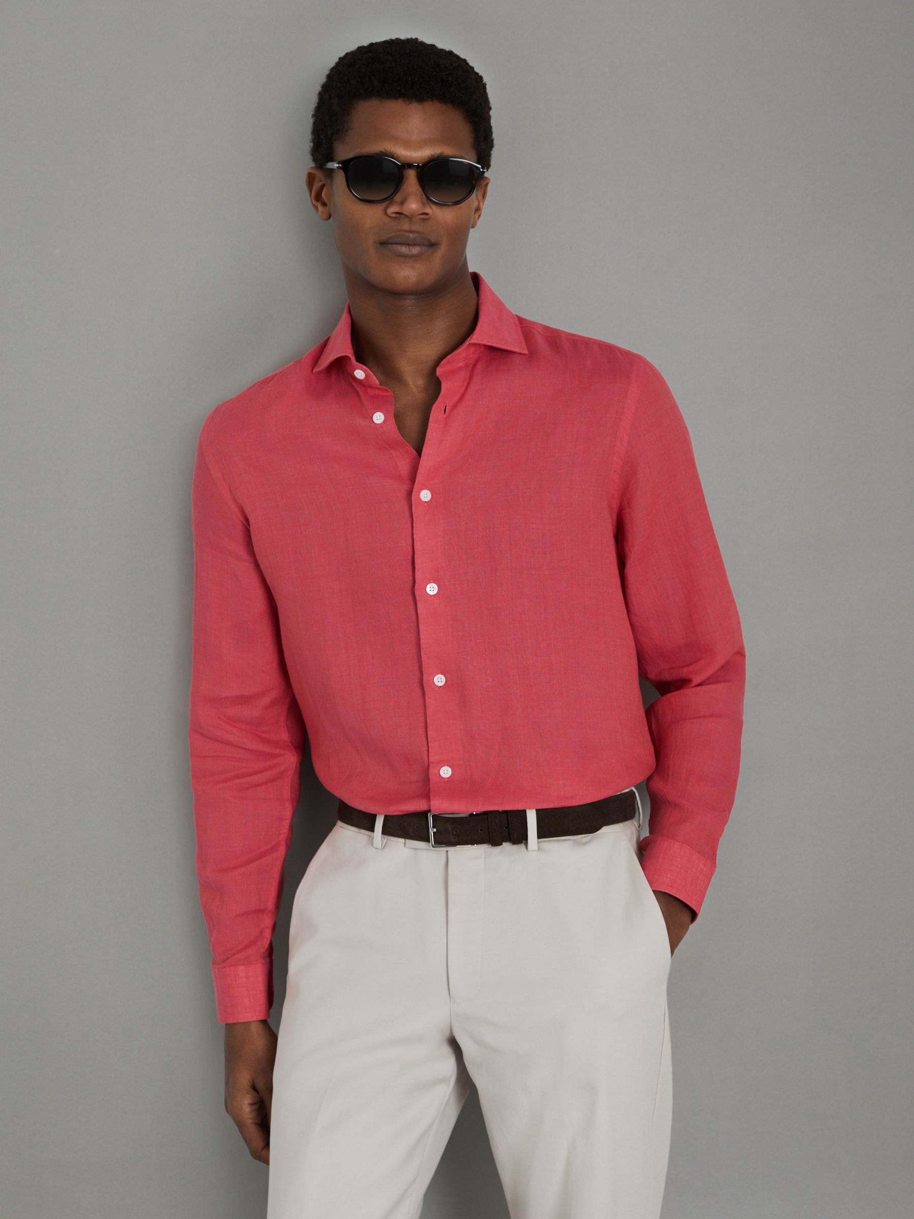 Linen Button-Through Shirt in Coral - Image 3 of 6