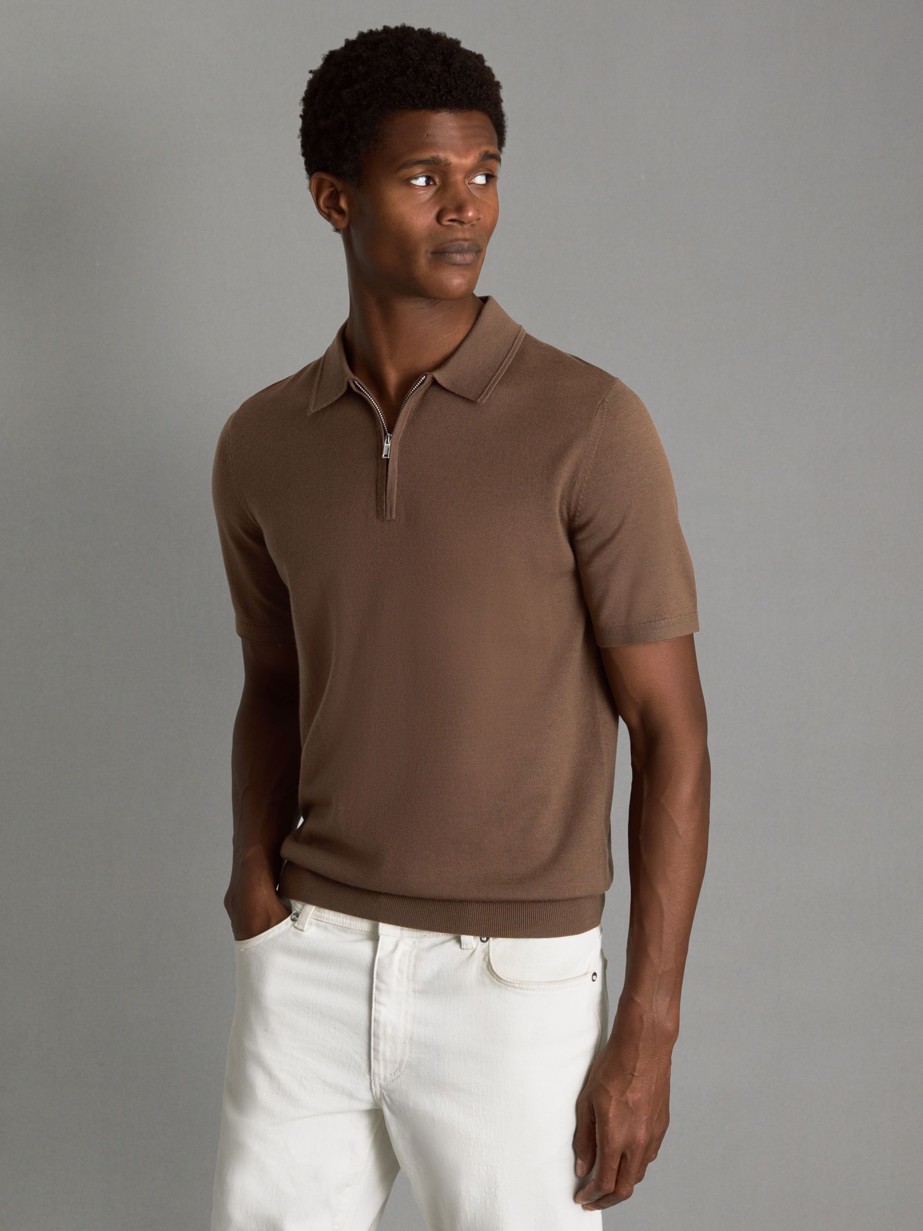 Merino Wool Half-Zip Funnel Neck Jumper in Pecan Brown - Image 1 of 7