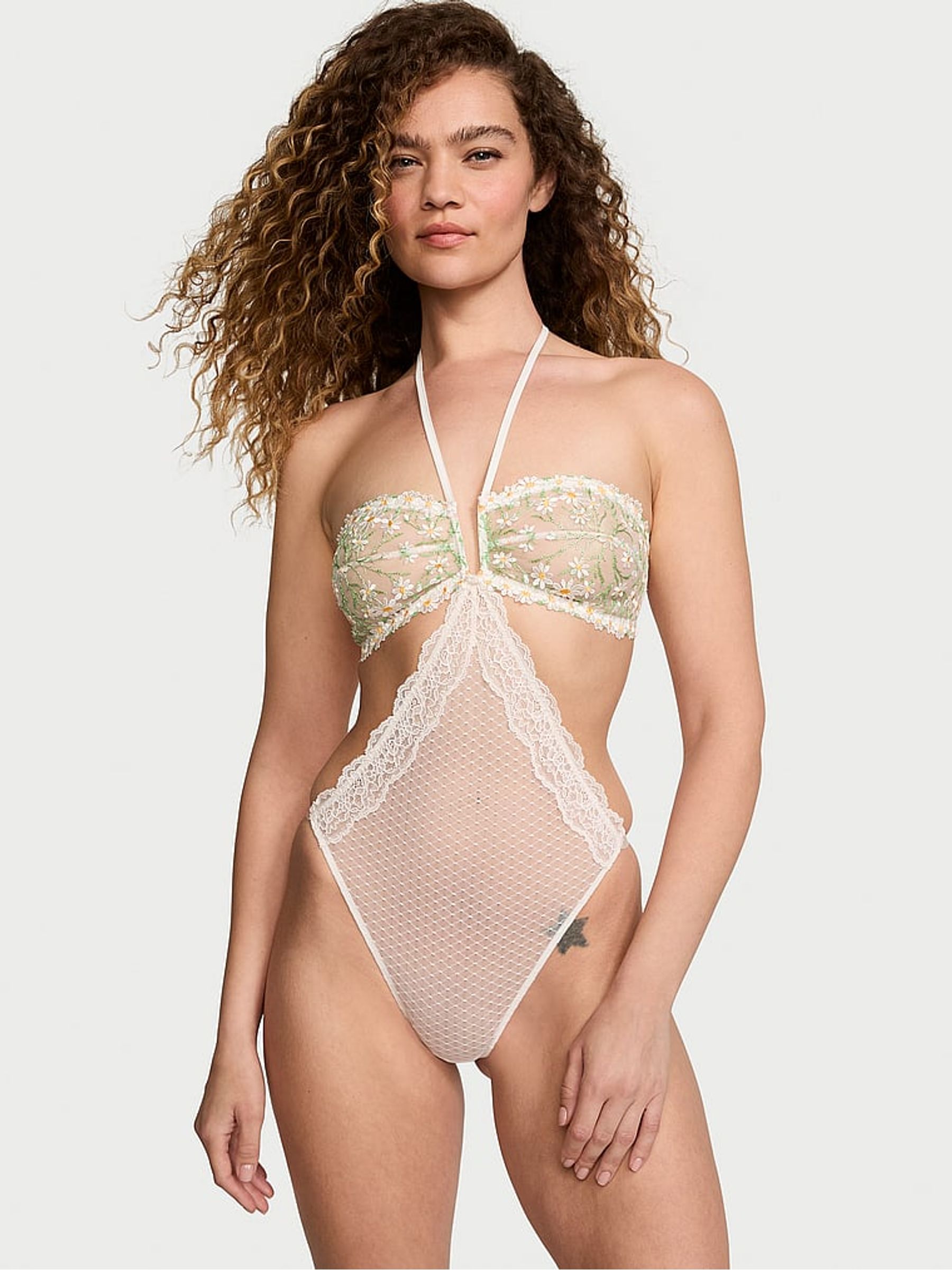 Coconut White Daisy Broderie Halter Bodysuit - Image 1 of 4