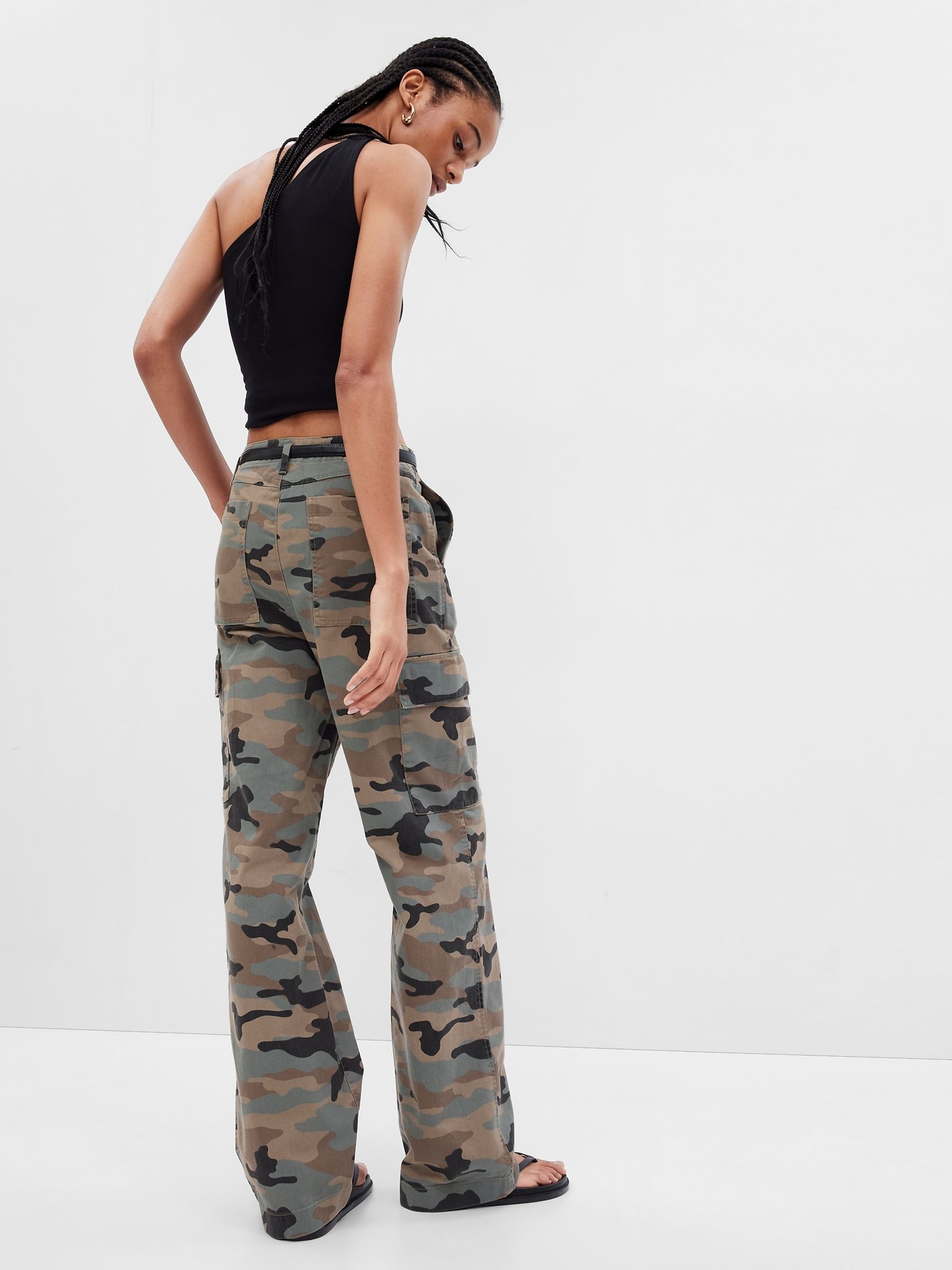 Camo Green Loose Cotton Chino Cargo Trousers - Image 2 of 5