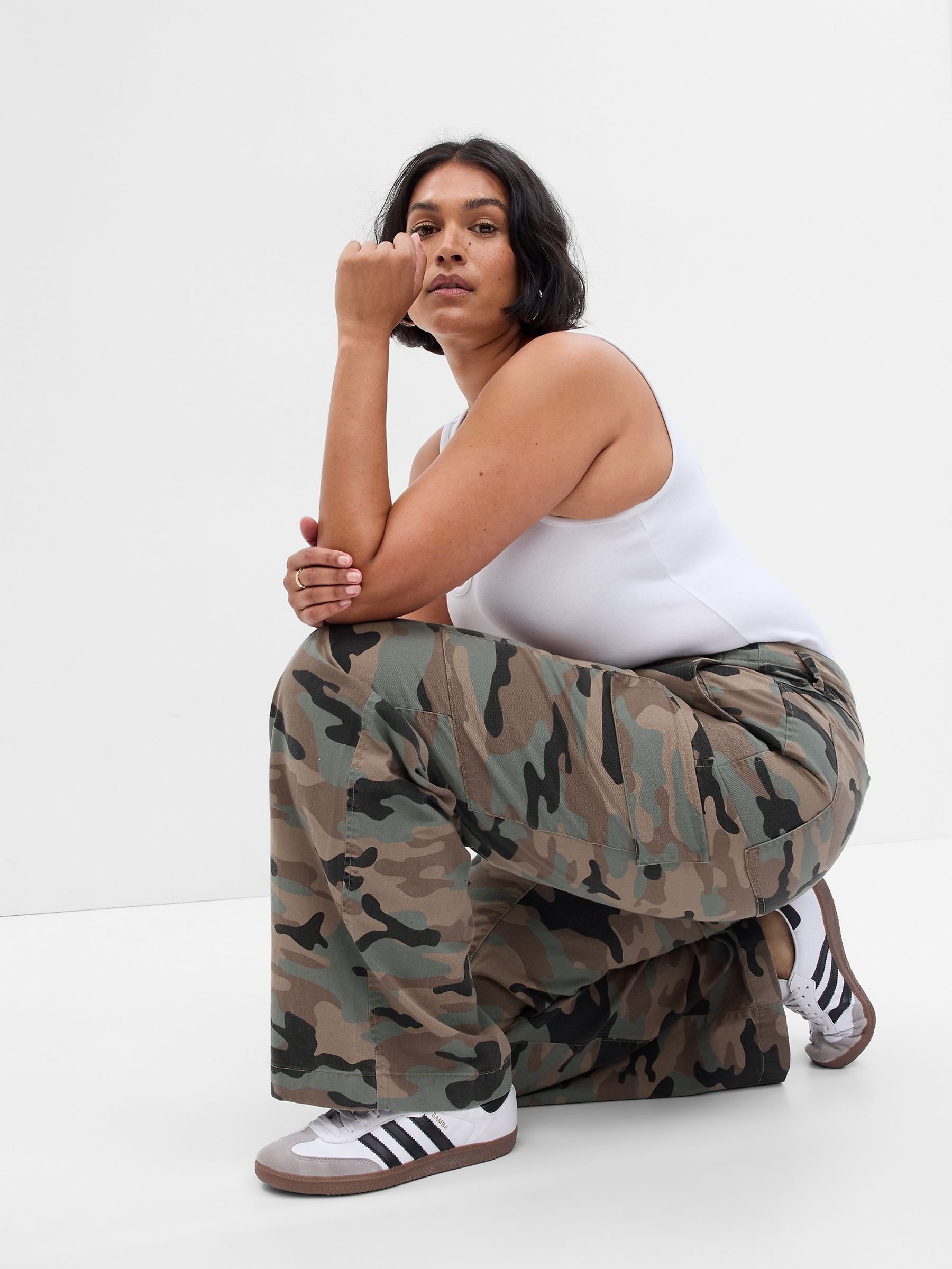 Camo Green Loose Cotton Chino Cargo Trousers - Image 4 of 5