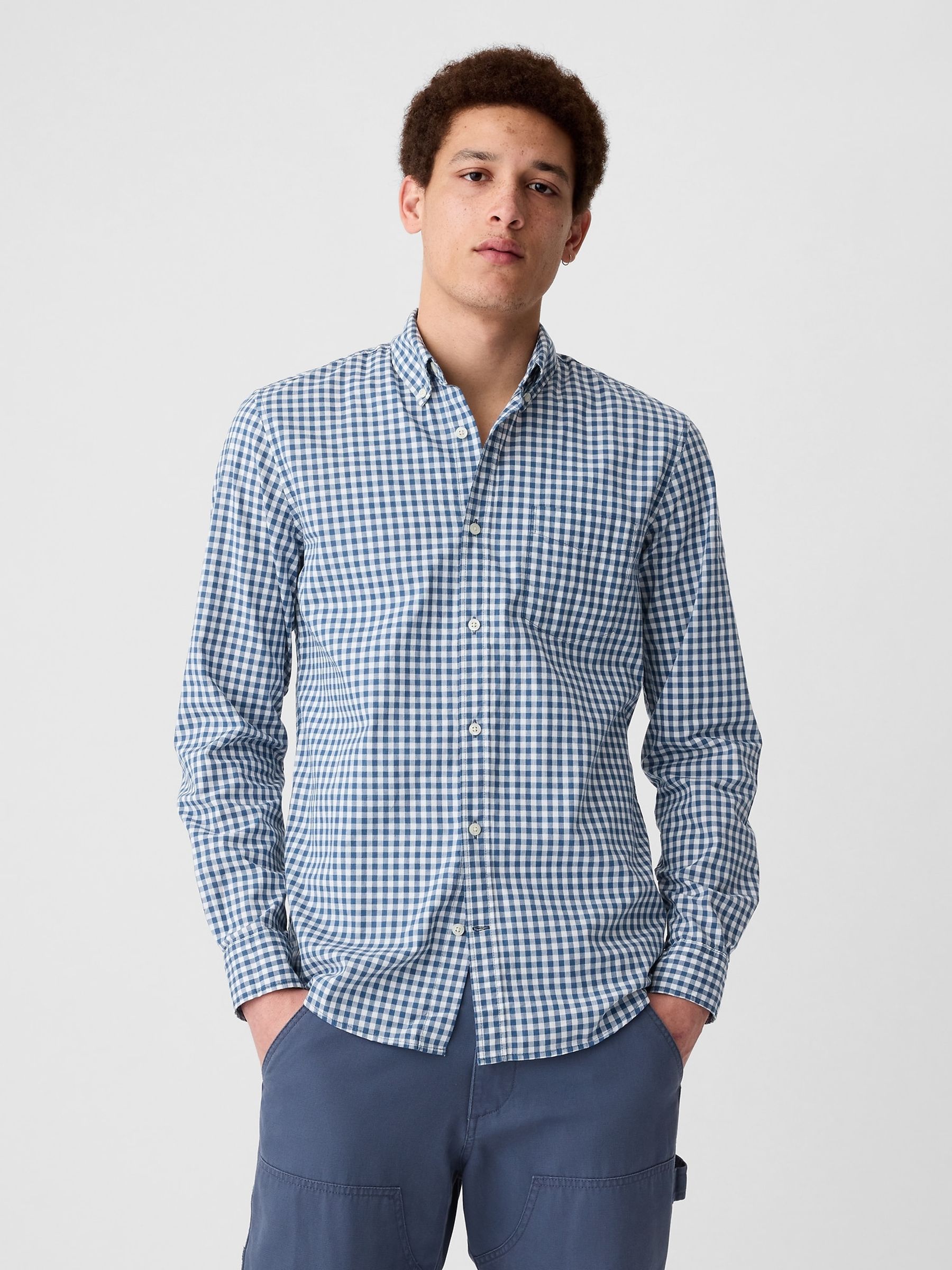 Blue and White Gingham Slim Fit Stretch Shirt - Image 1 of 5