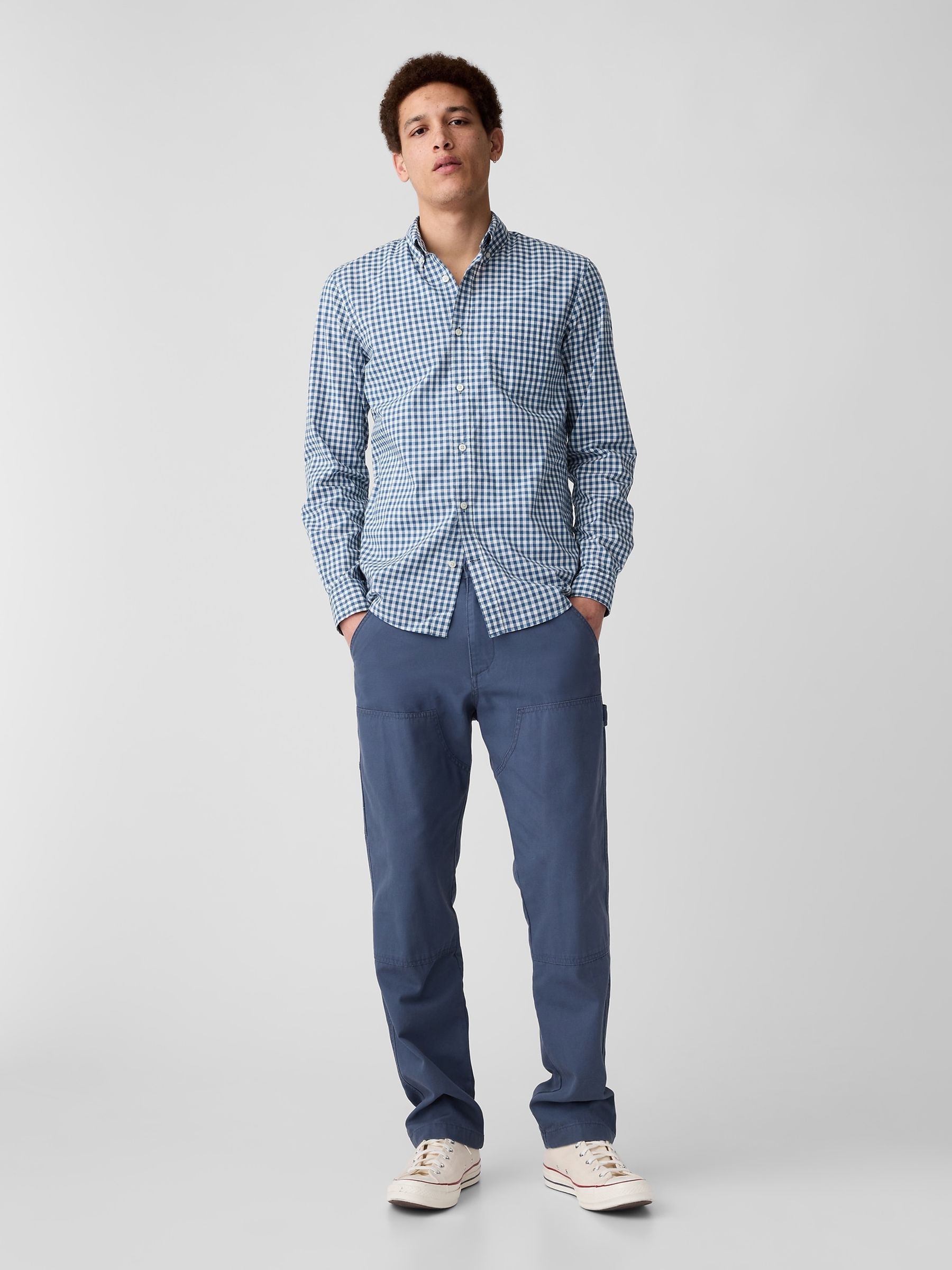 Blue and White Gingham Slim Fit Stretch Shirt - Image 3 of 5