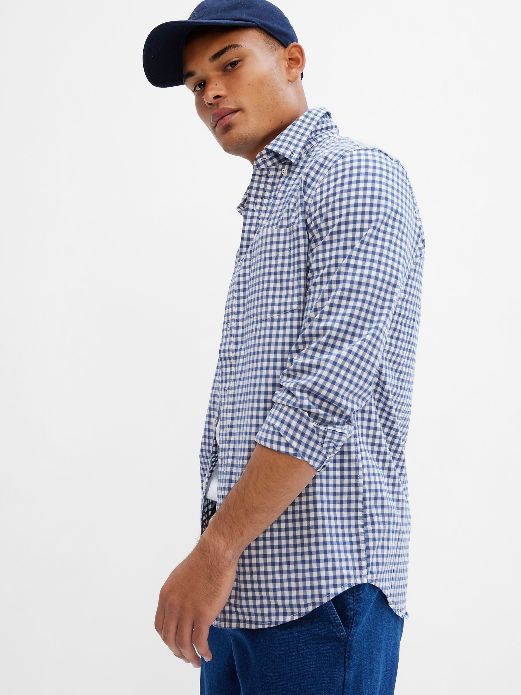 Blue and White Gingham Slim Fit Stretch Shirt - Image 4 of 5