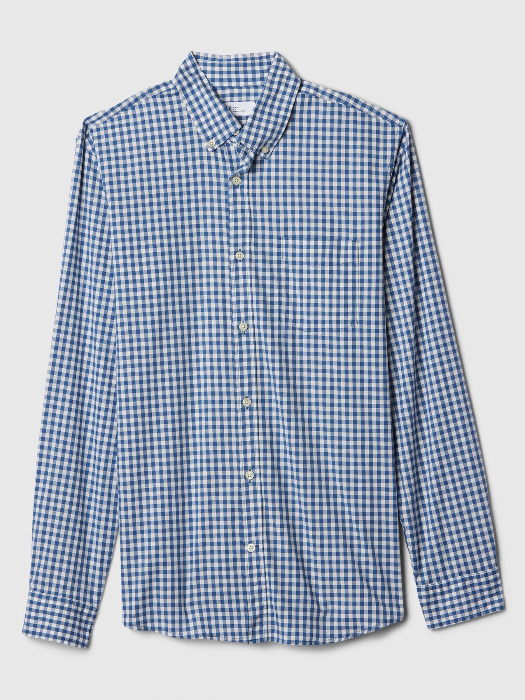 Blue and White Gingham Slim Fit Stretch Shirt - Image 5 of 5