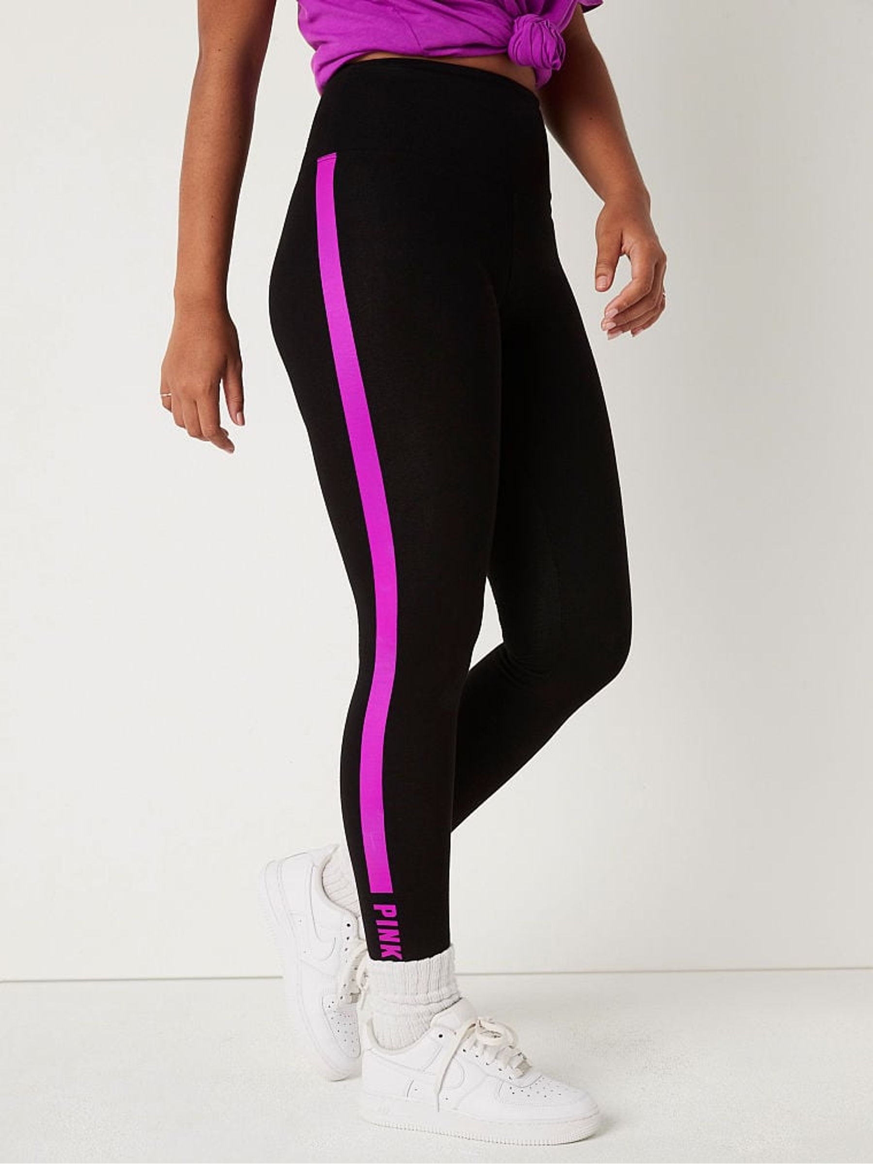 Pure Black with Couture Fushia Stripe Cotton High Waist Leggings - Image 1 of 4