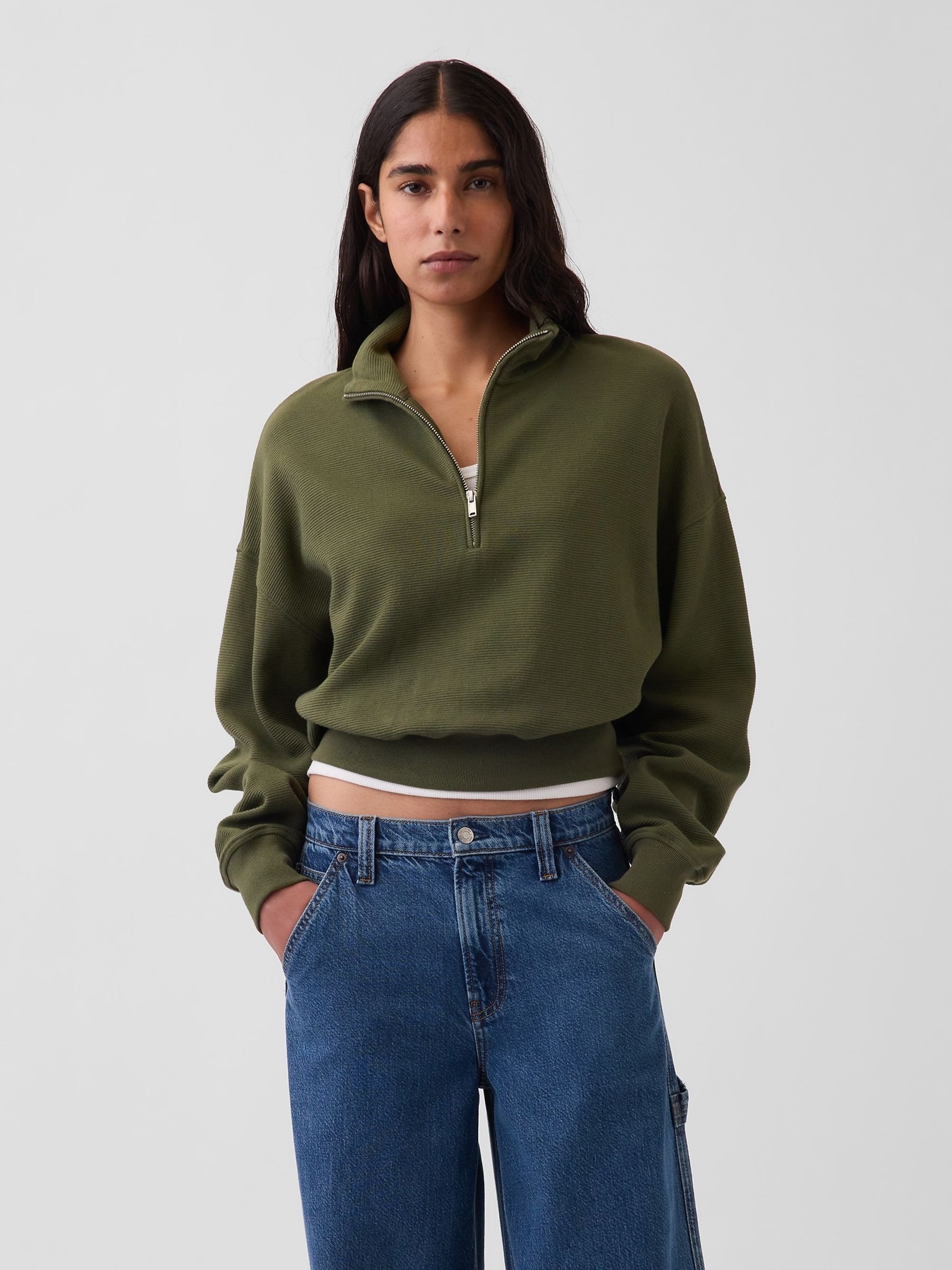 Green Textured Cotton Oversized Half-Zip Pullover - Image 1 of 4