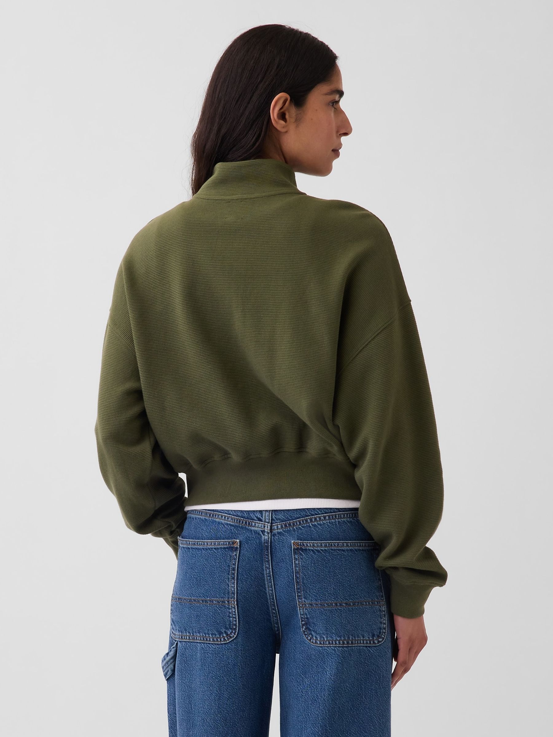 Green Textured Cotton Oversized Half-Zip Pullover - Image 2 of 4