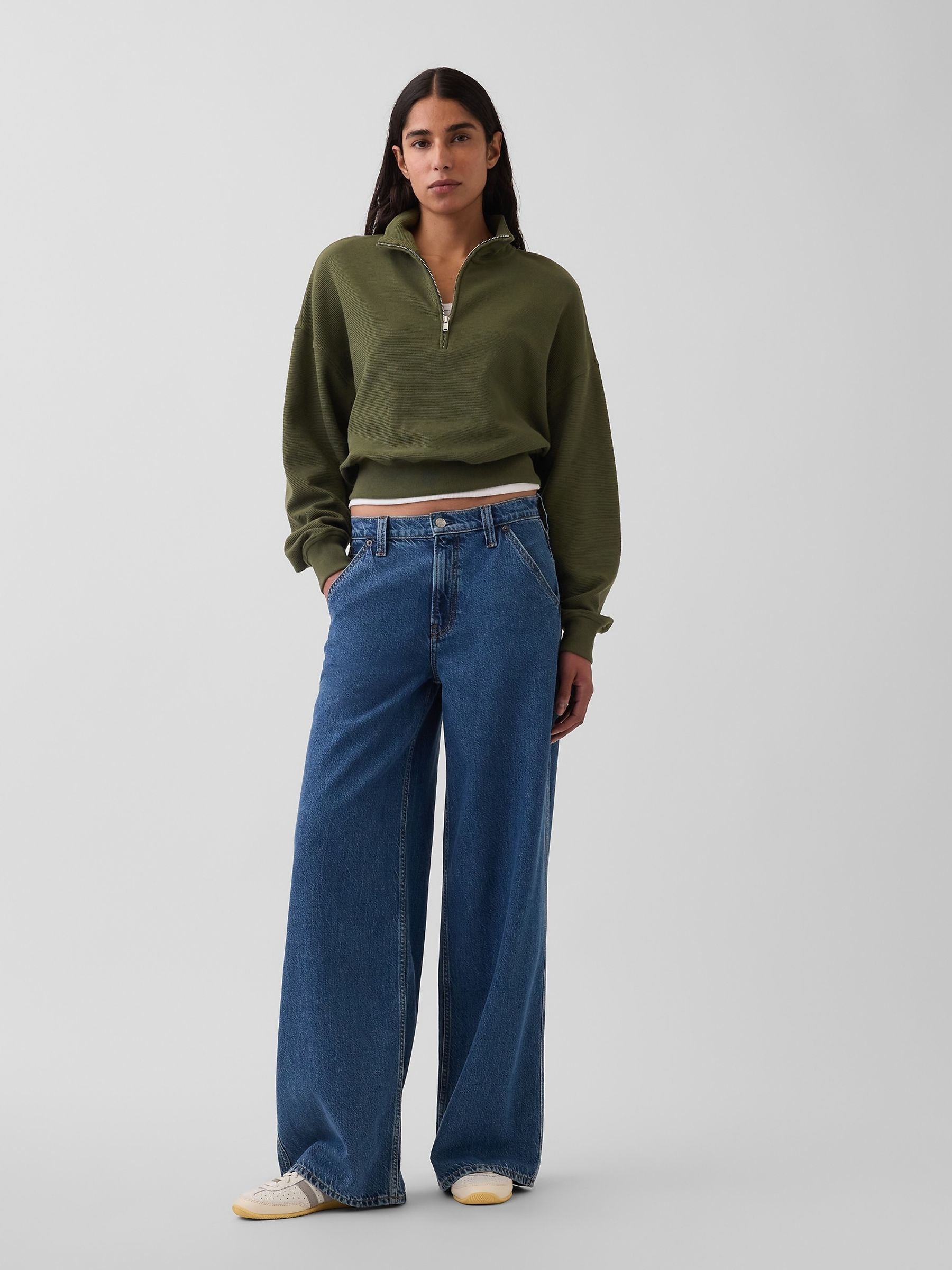 Green Textured Cotton Oversized Half-Zip Pullover - Image 3 of 4