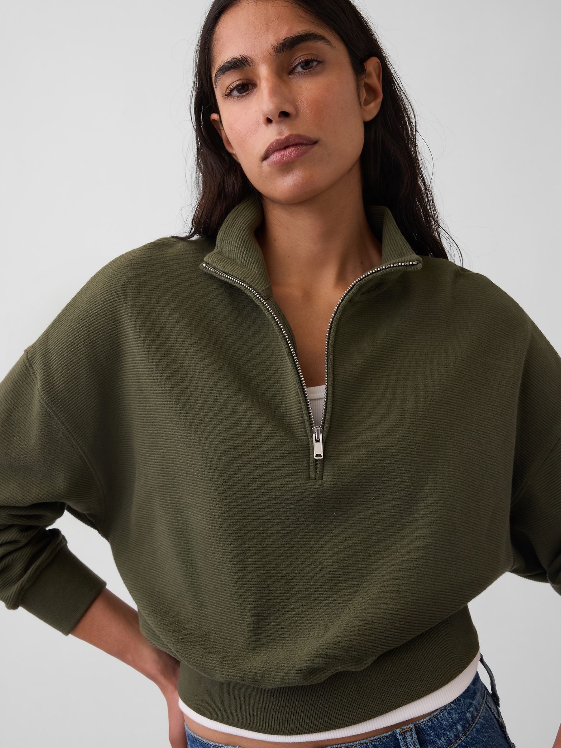 Green Textured Cotton Oversized Half-Zip Pullover - Image 4 of 4