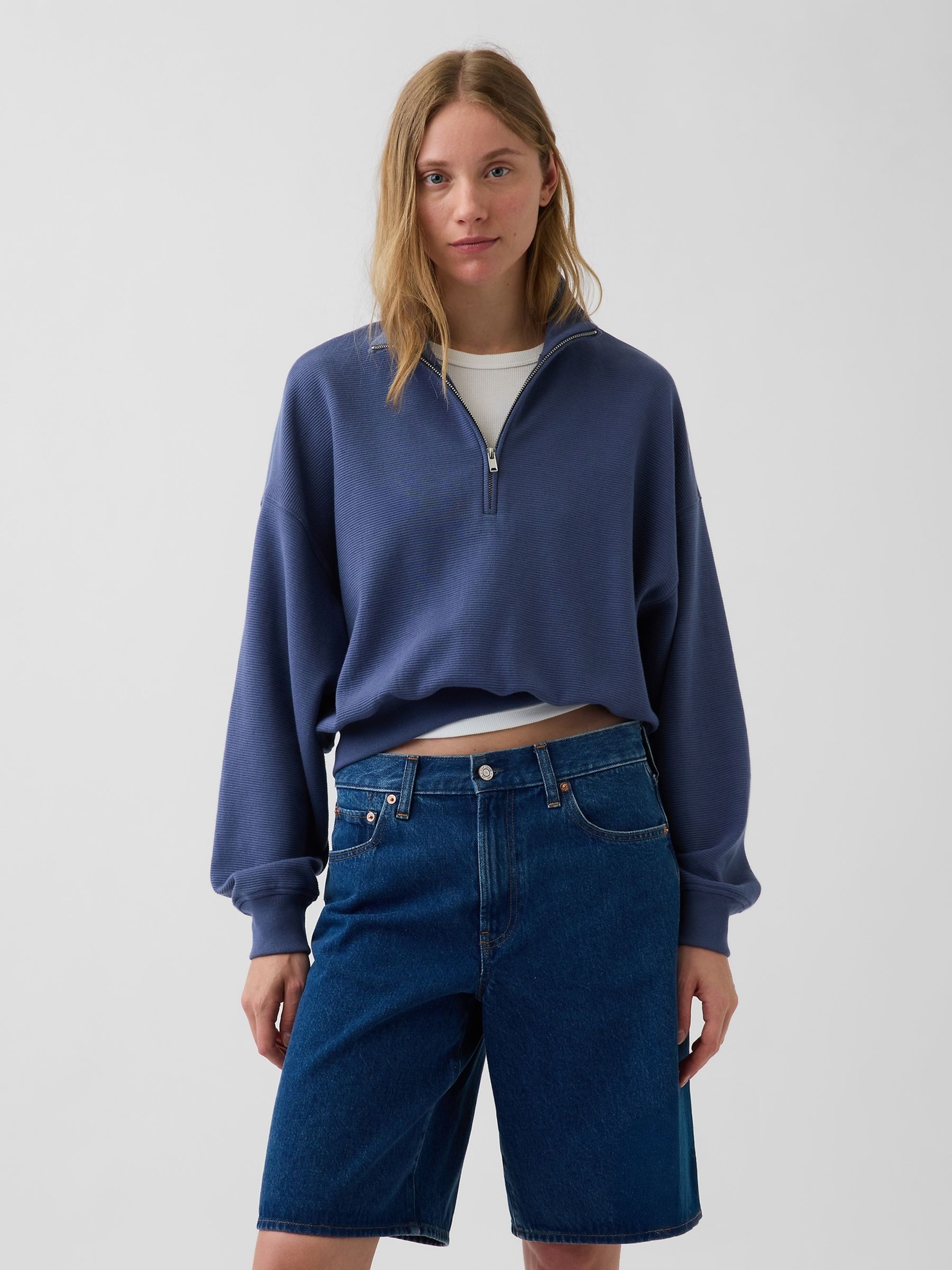 Blue Textured Cotton Oversized Half-Zip Pullover - Image 1 of 4