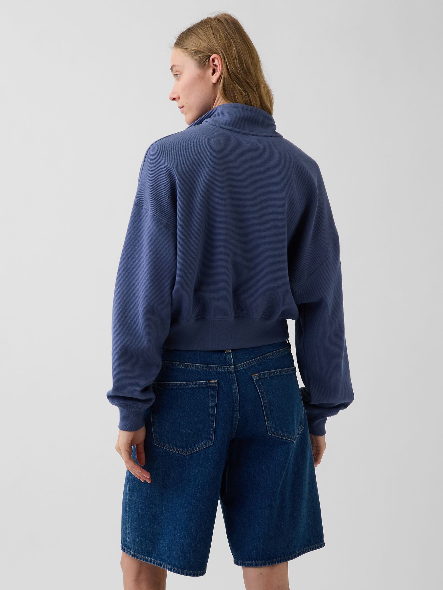 Blue Textured Cotton Oversized Half-Zip Pullover - Image 2 of 4 Blue Textured Cotton Oversized Half-Zip Pullover - Image 2 of 4